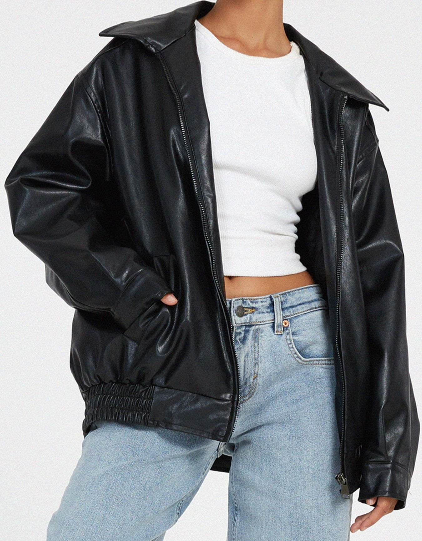 Women’s Oversized Leather Bomber Jacket | Zip Up Casual Outerwear