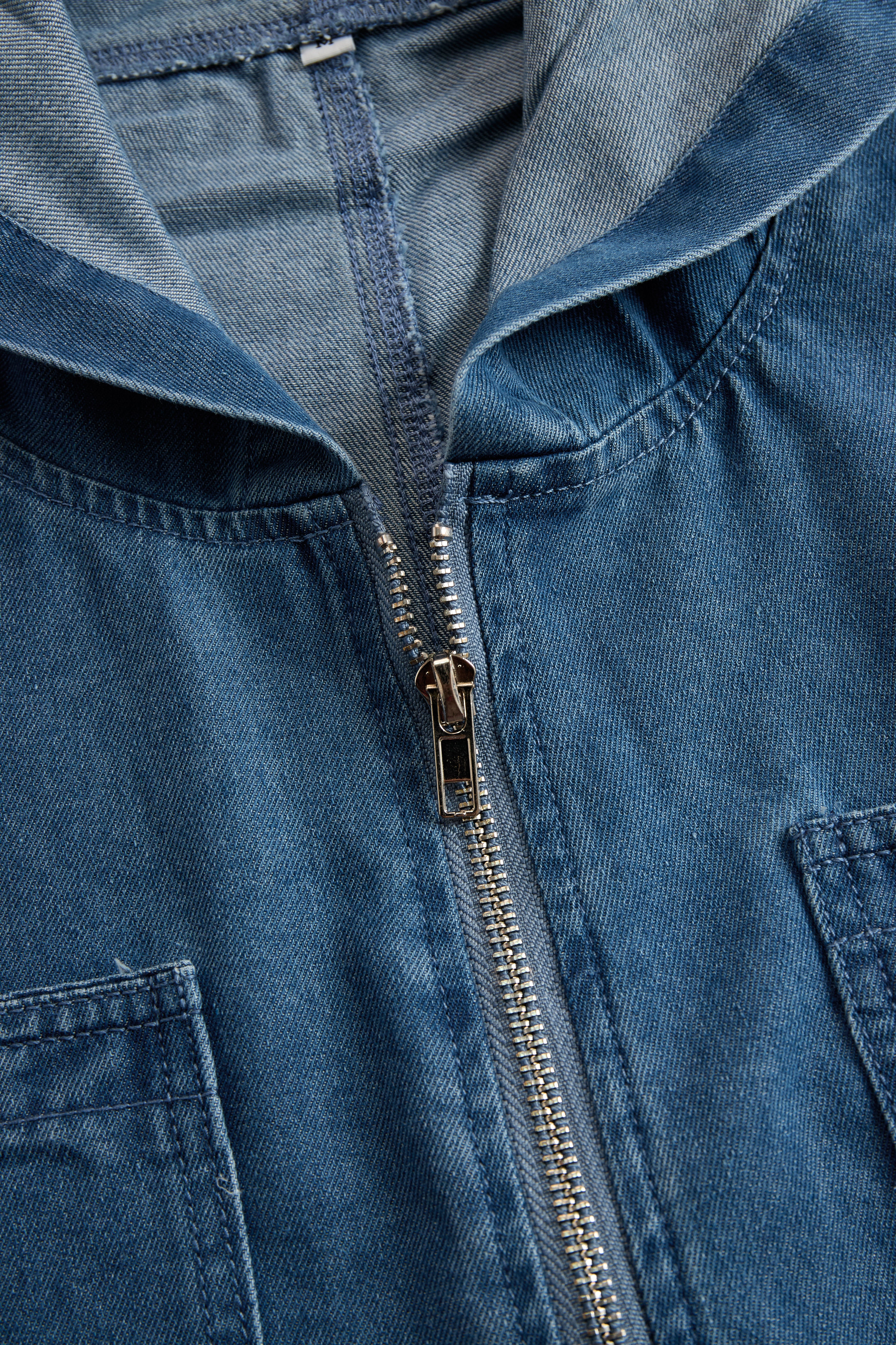 Women’s Denim Jumpsuit | Hooded Zip Up Wide Leg