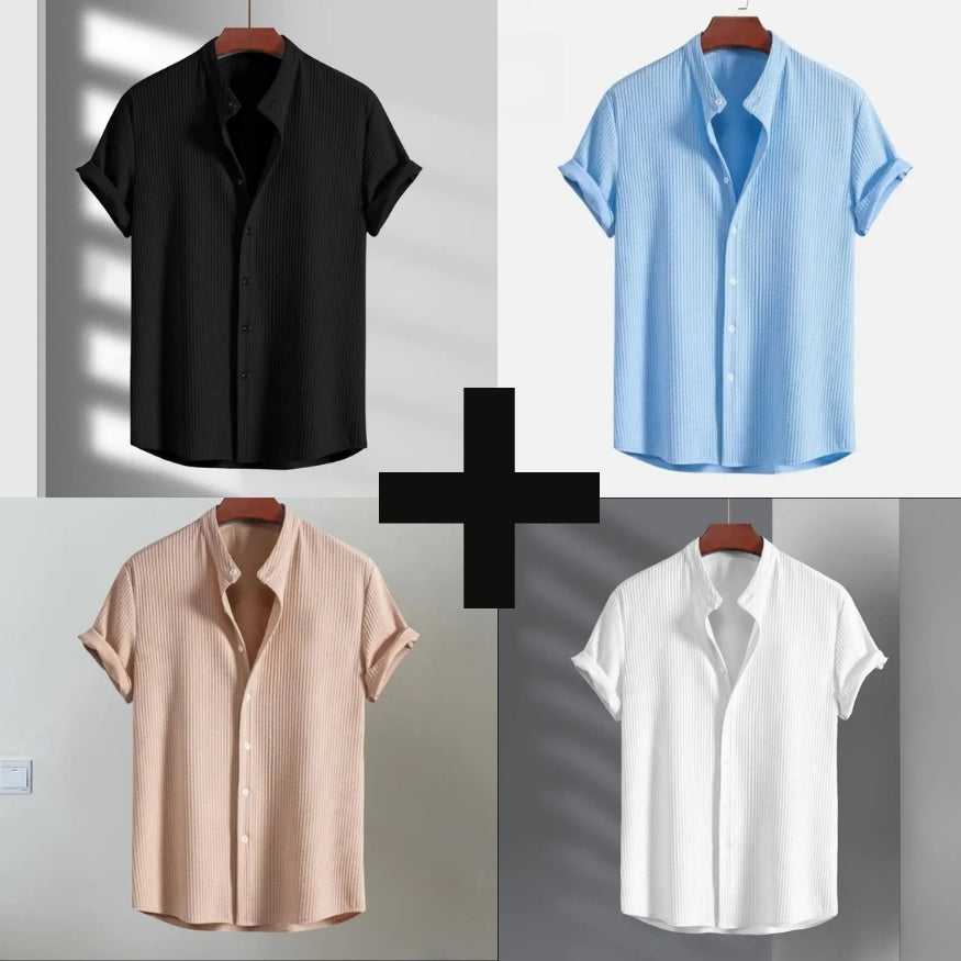 Men’s Short Sleeve Button Shirt | Textured Stand Collar