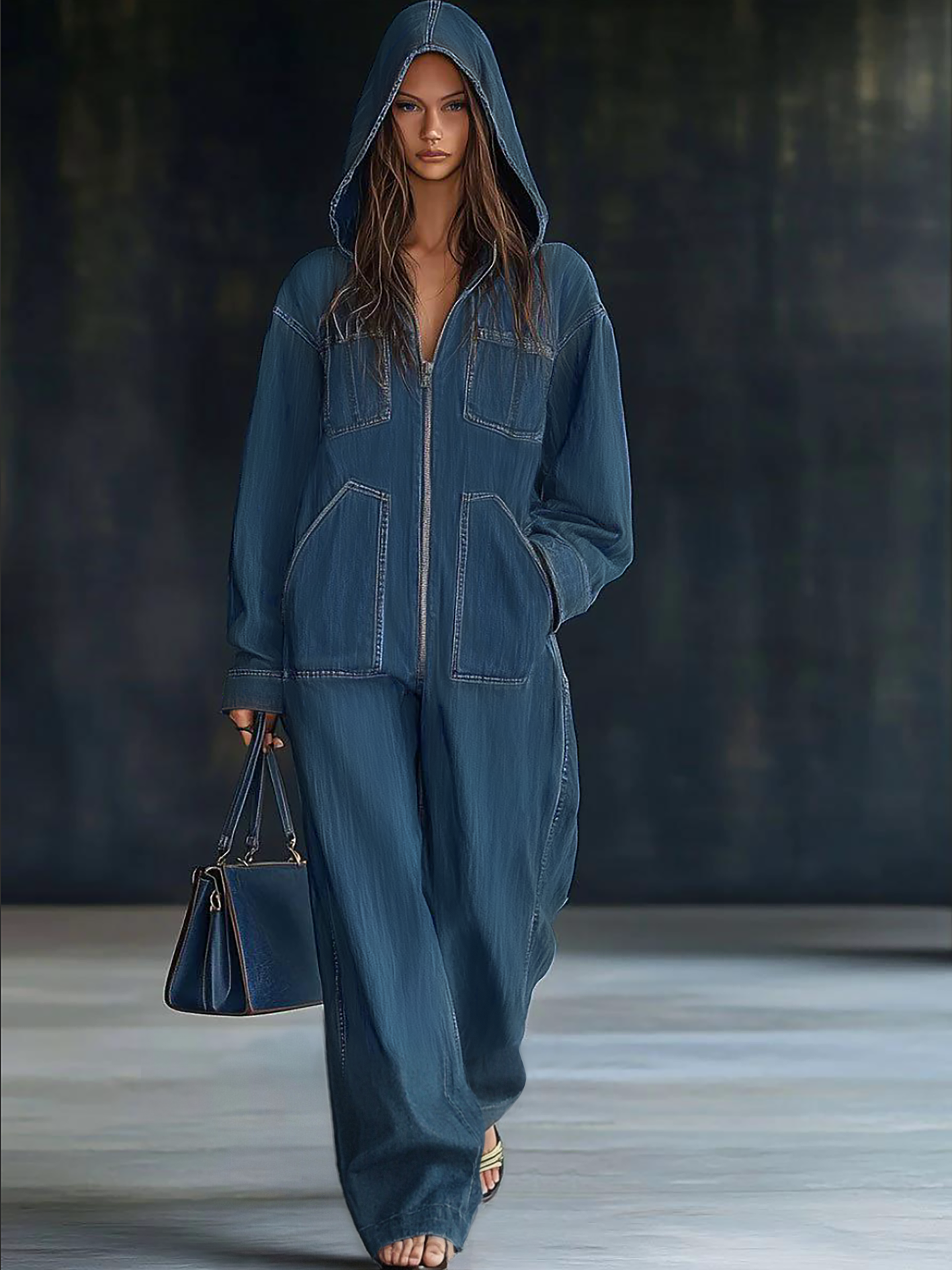 Women’s Denim Jumpsuit | Hooded Zip Up Wide Leg