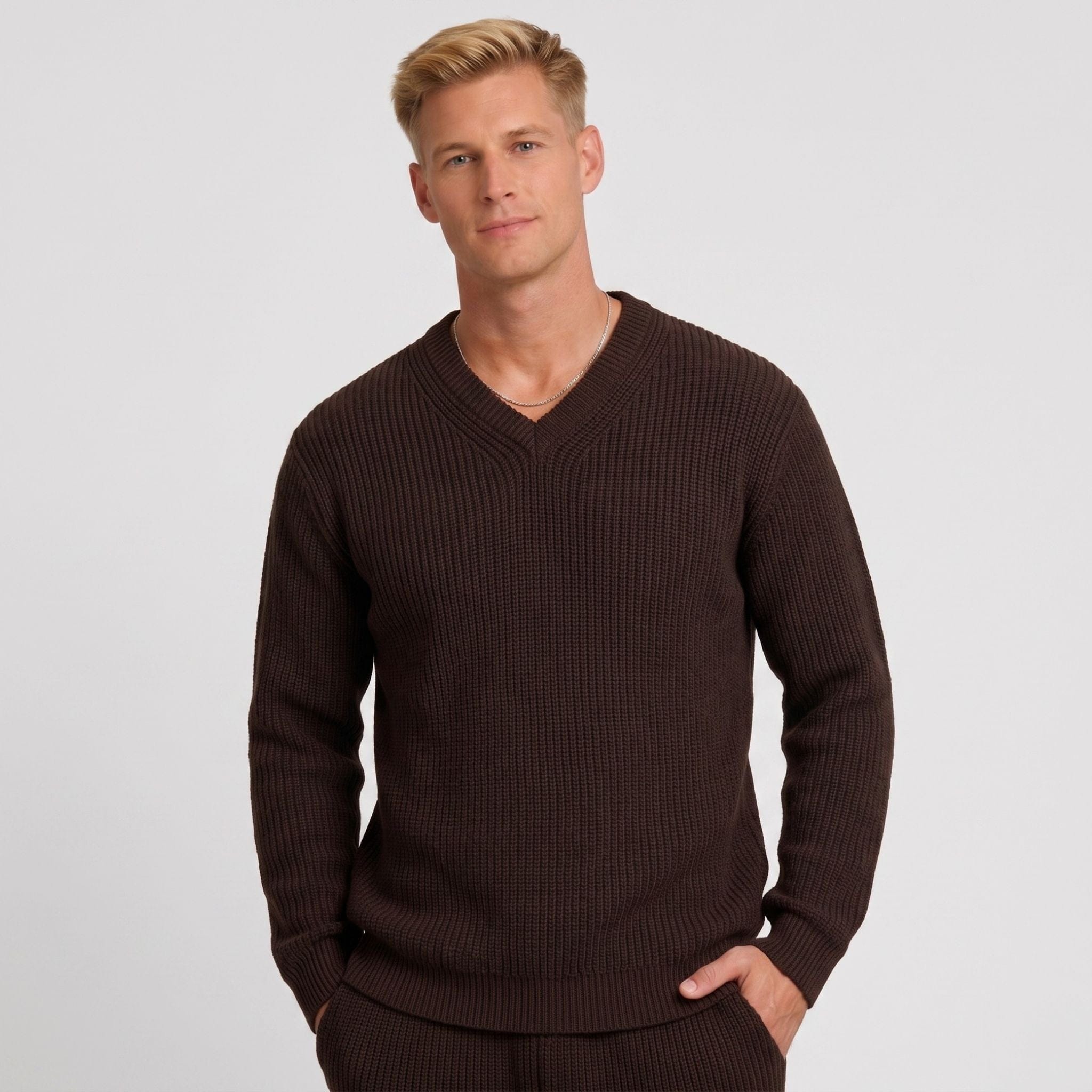 Men's Knitted V-Neck Jumper | Ribbed Trim