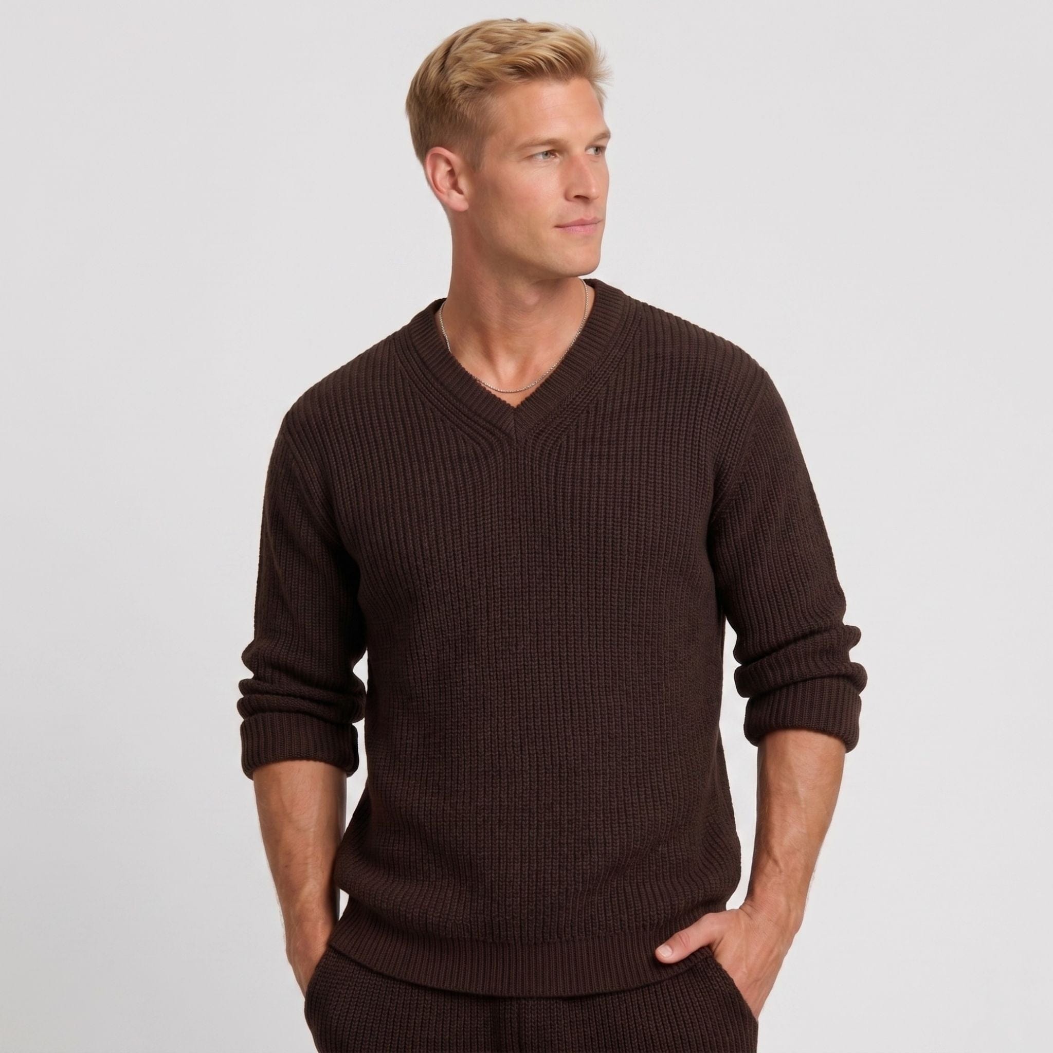 Men's Knitted V-Neck Jumper | Ribbed Trim