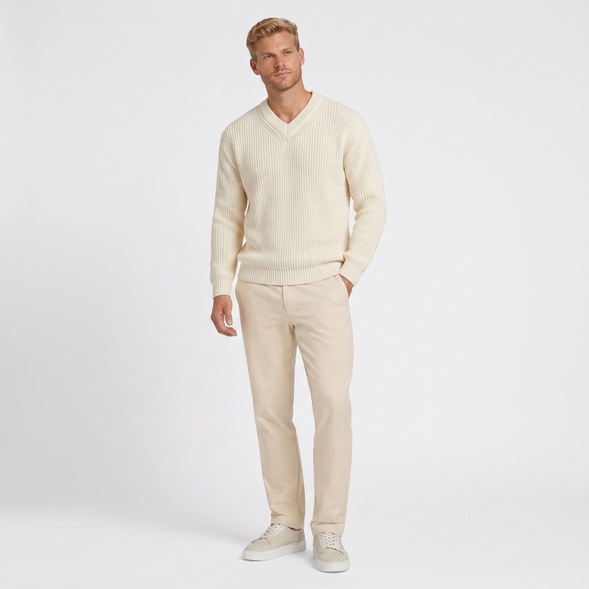 Men's Knitted V-Neck Jumper | Ribbed Trim