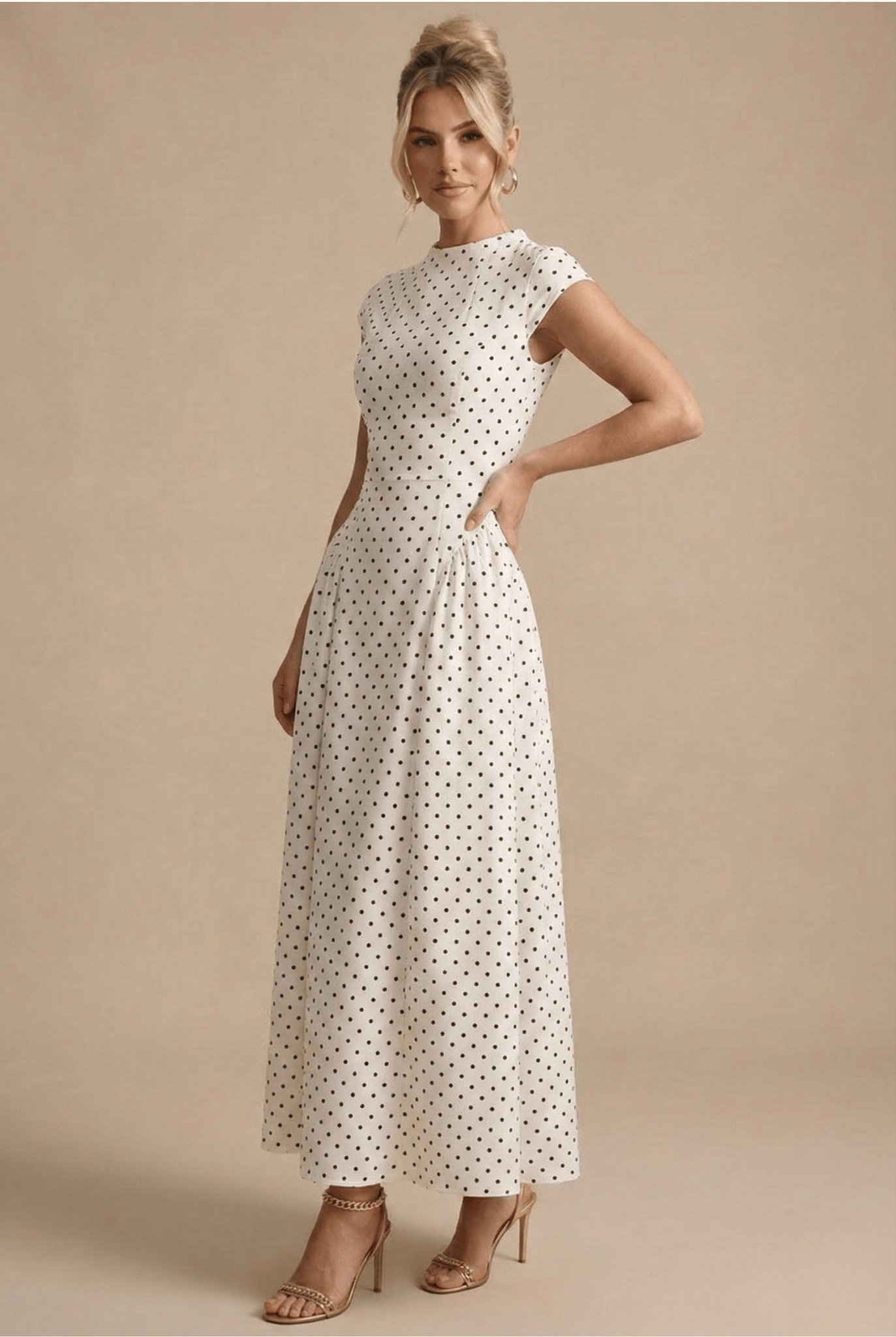 Wedding Guest Dress Women Maxi | Polka Dot Print, Round Neck & Cap Sleeves