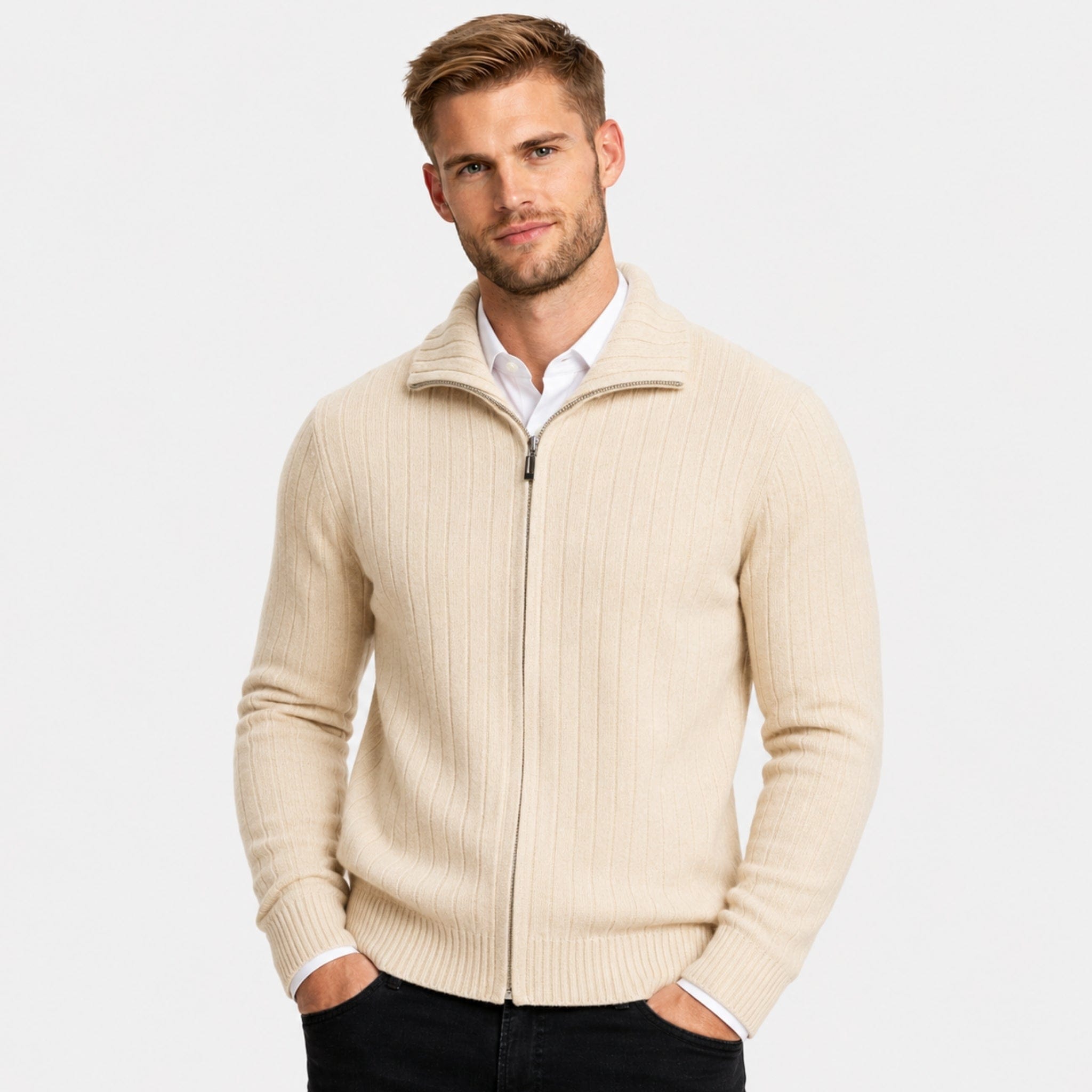 Men's Ribbed Cardigan | Funnel Neck & Full Zip