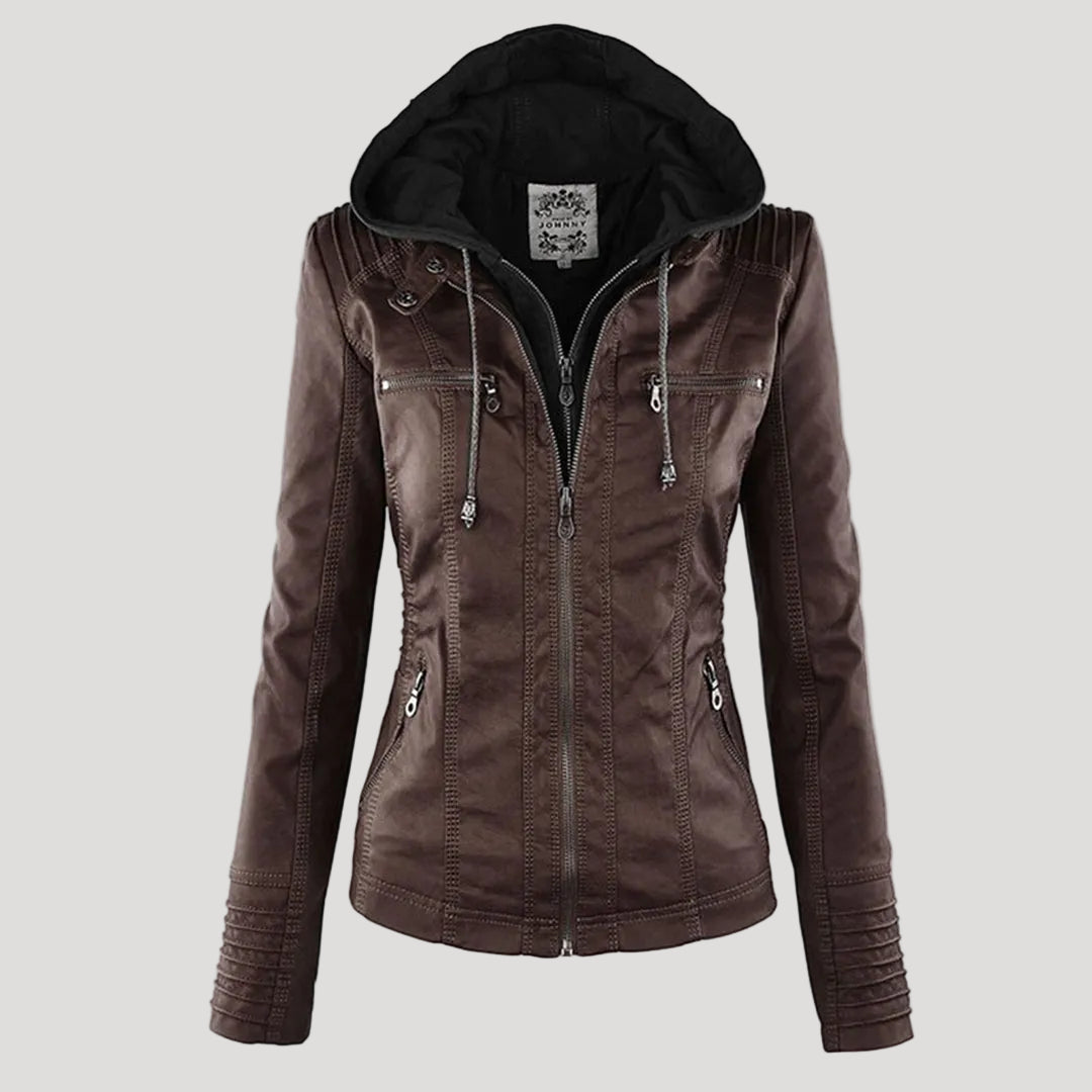 Women’s Faux Leather Jacket | Hooded Zip & Biker Look