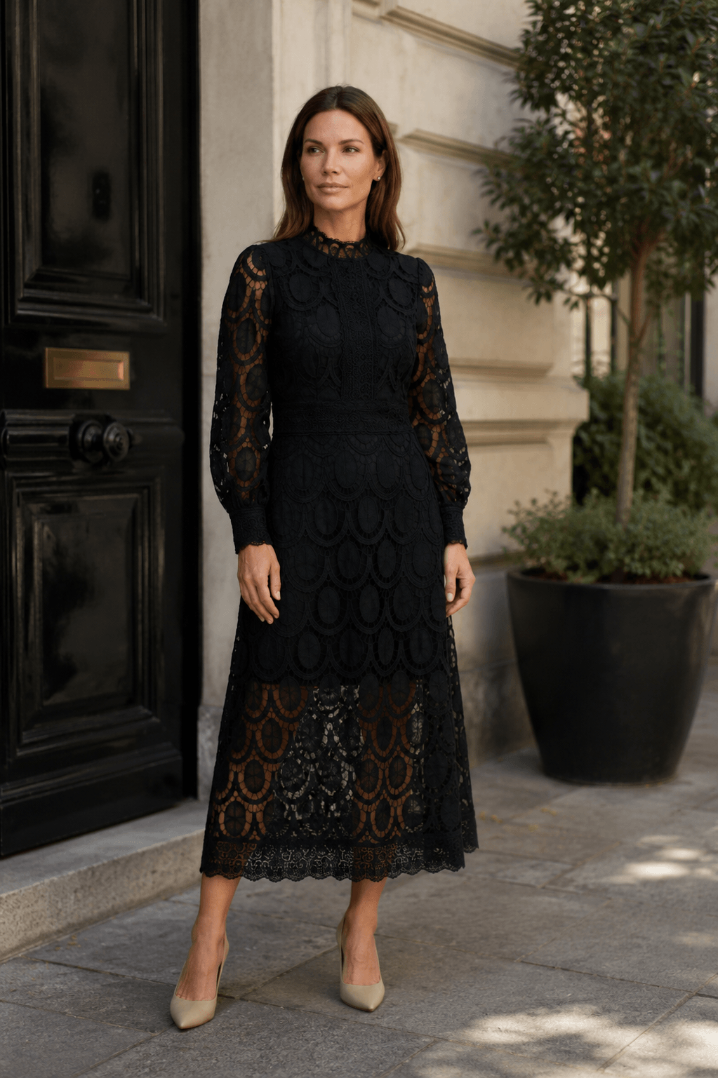 Women's Wedding Guest Dress Midi | Lace with Mock Neck & Long Sleeves