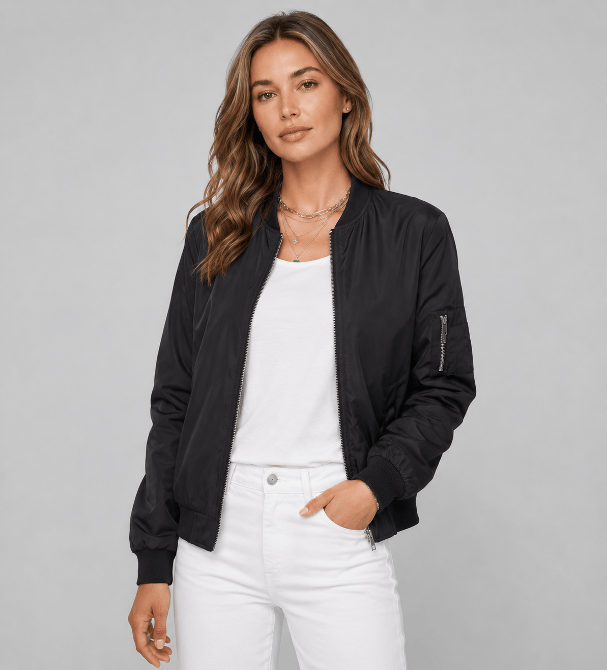 Women's Stand Collar Long Sleeves Casual Bomber Jacket | Zip Up