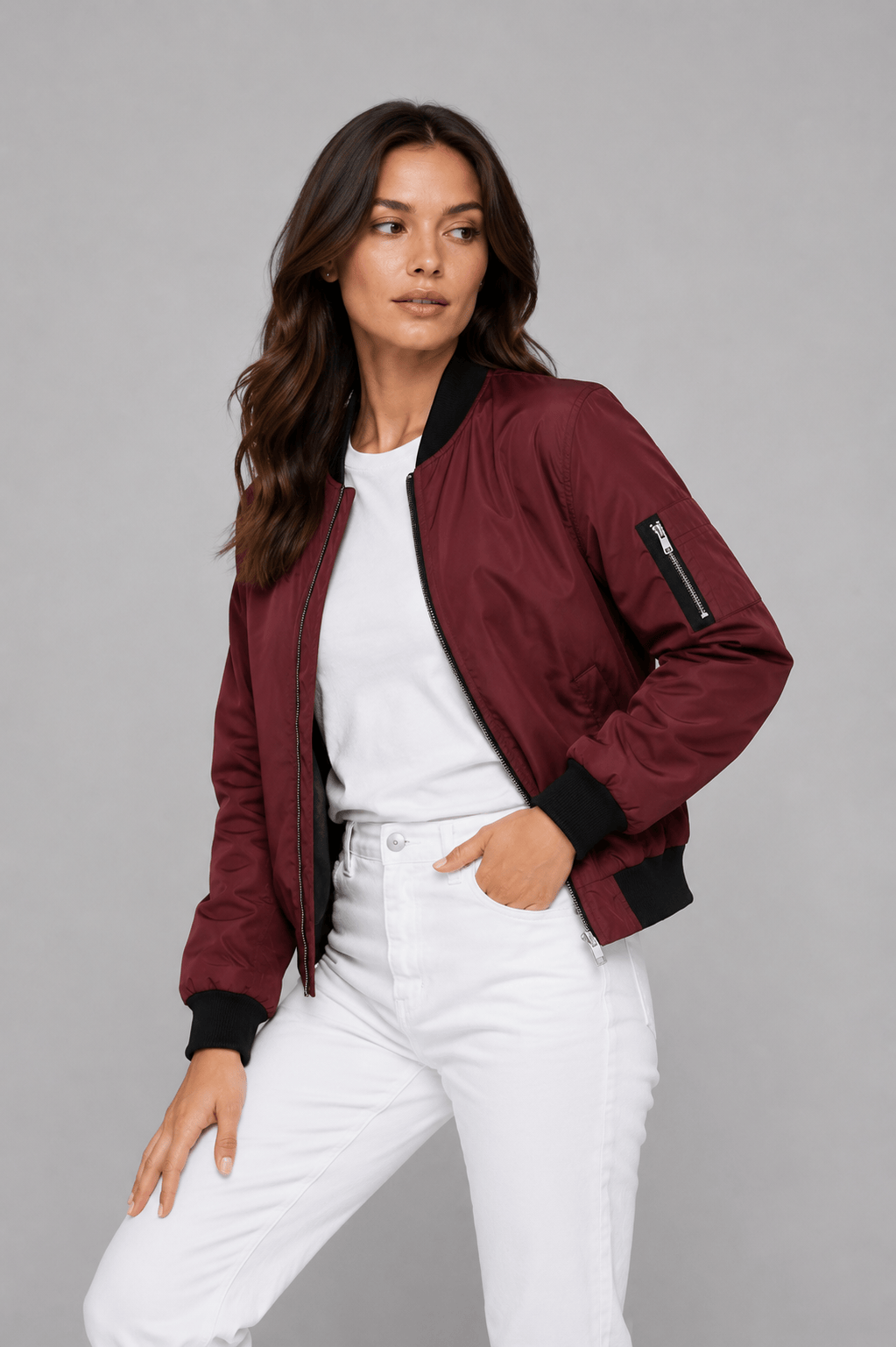 Women's Stand Collar Long Sleeves Casual Bomber Jacket | Zip Up
