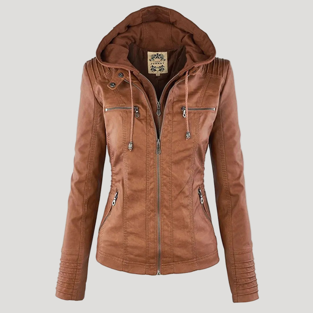 Women’s Faux Leather Jacket | Hooded Zip & Biker Look