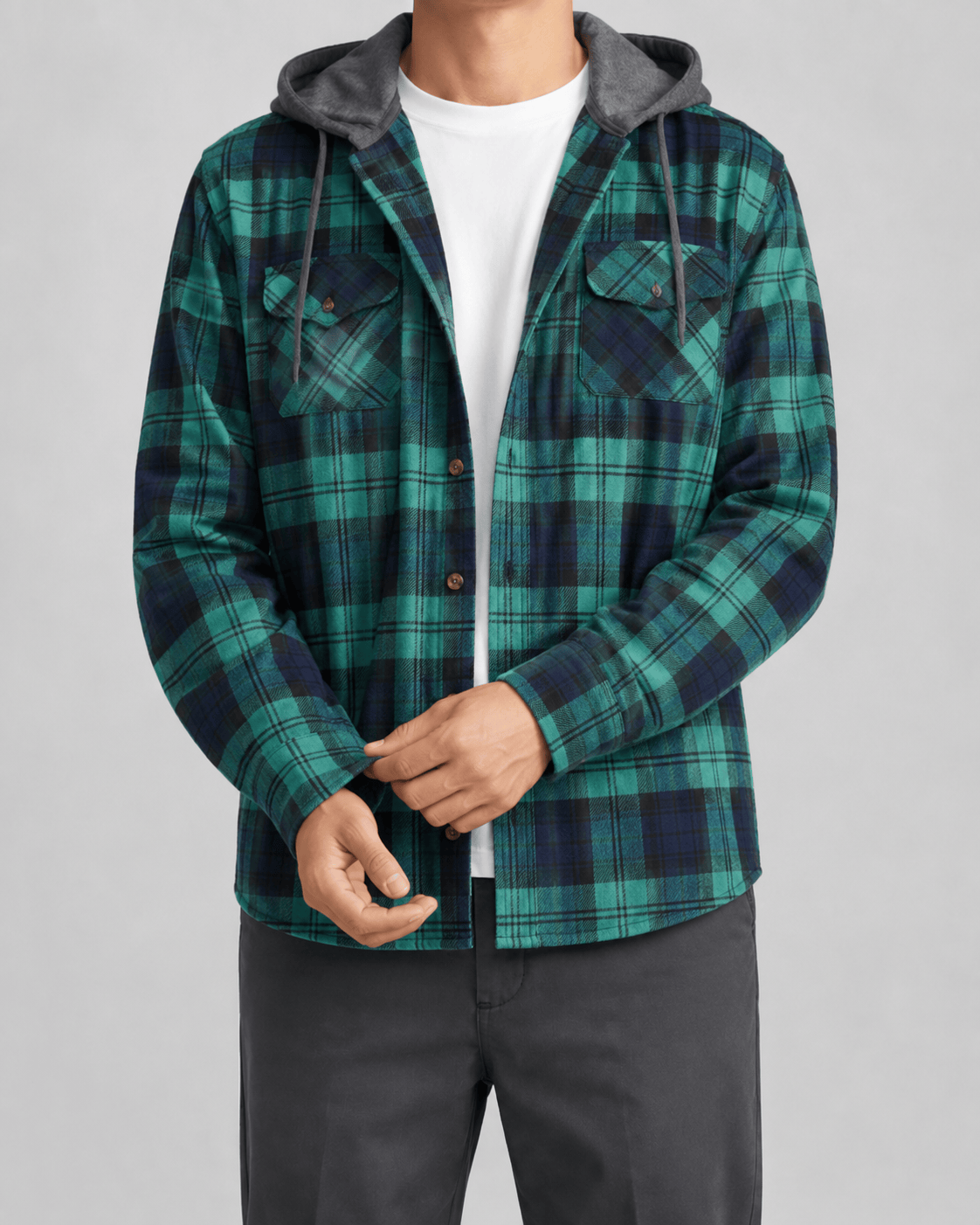 Relaxed Fit Mens Check Hoodie with Contrast Hood and Flap Chest Pockets