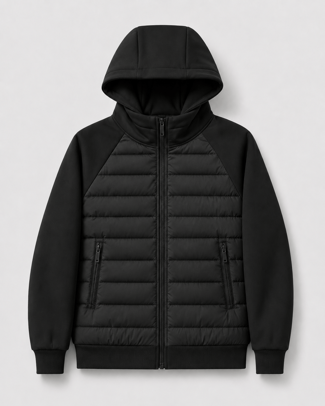 Quilted Full Zip Mens Hoodie with Zip Front Pockets and Ribbed Cuffs
