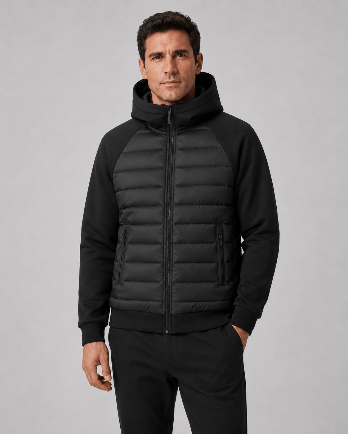 Quilted Full Zip Mens Hoodie with Zip Front Pockets and Ribbed Cuffs