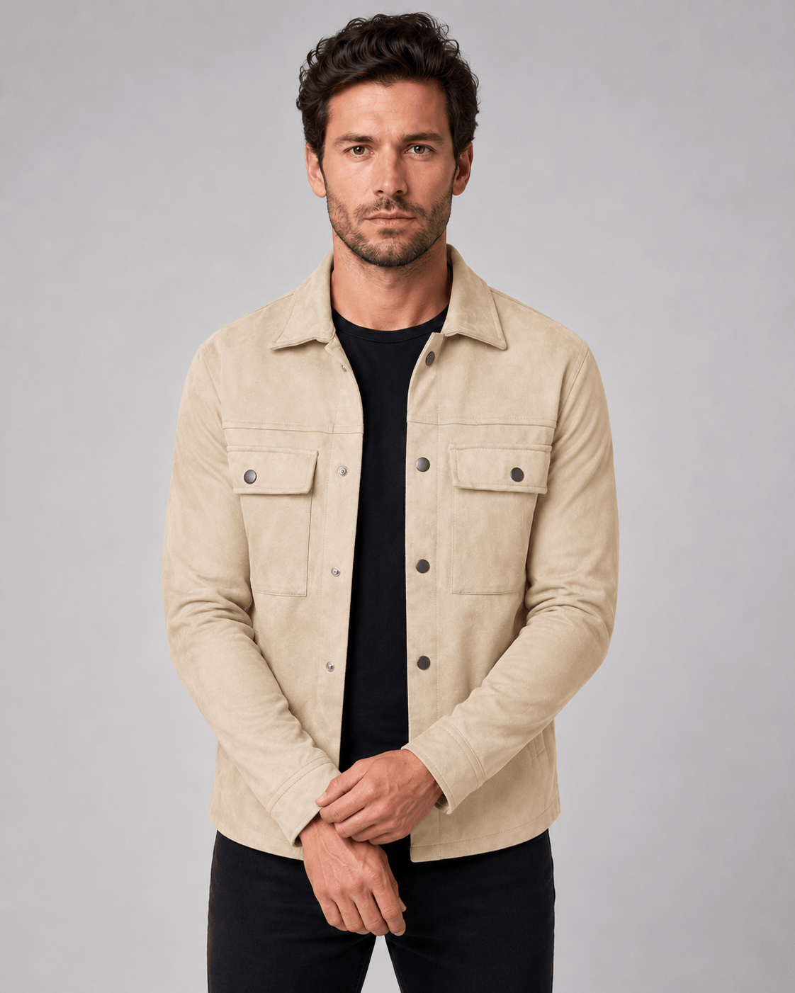 Versatile Mens Overshirt with Press Stud Front Point Collar and Flap Chest Pockets