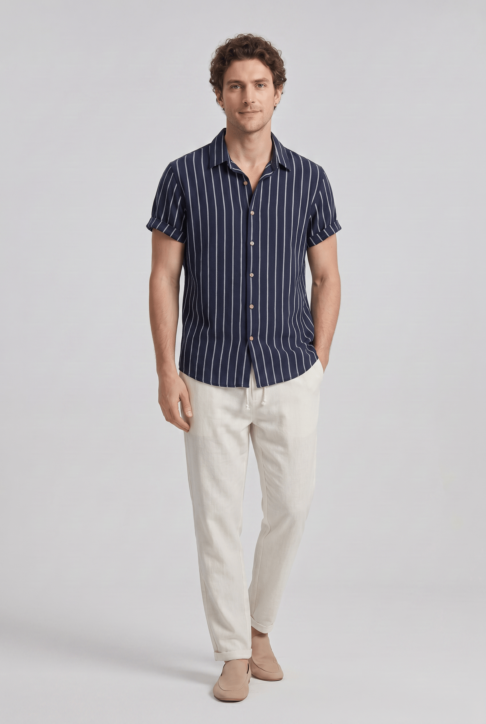 Men’s Collared Short Sleeves Casual Two Piece Summer Set | Vertical Stripe