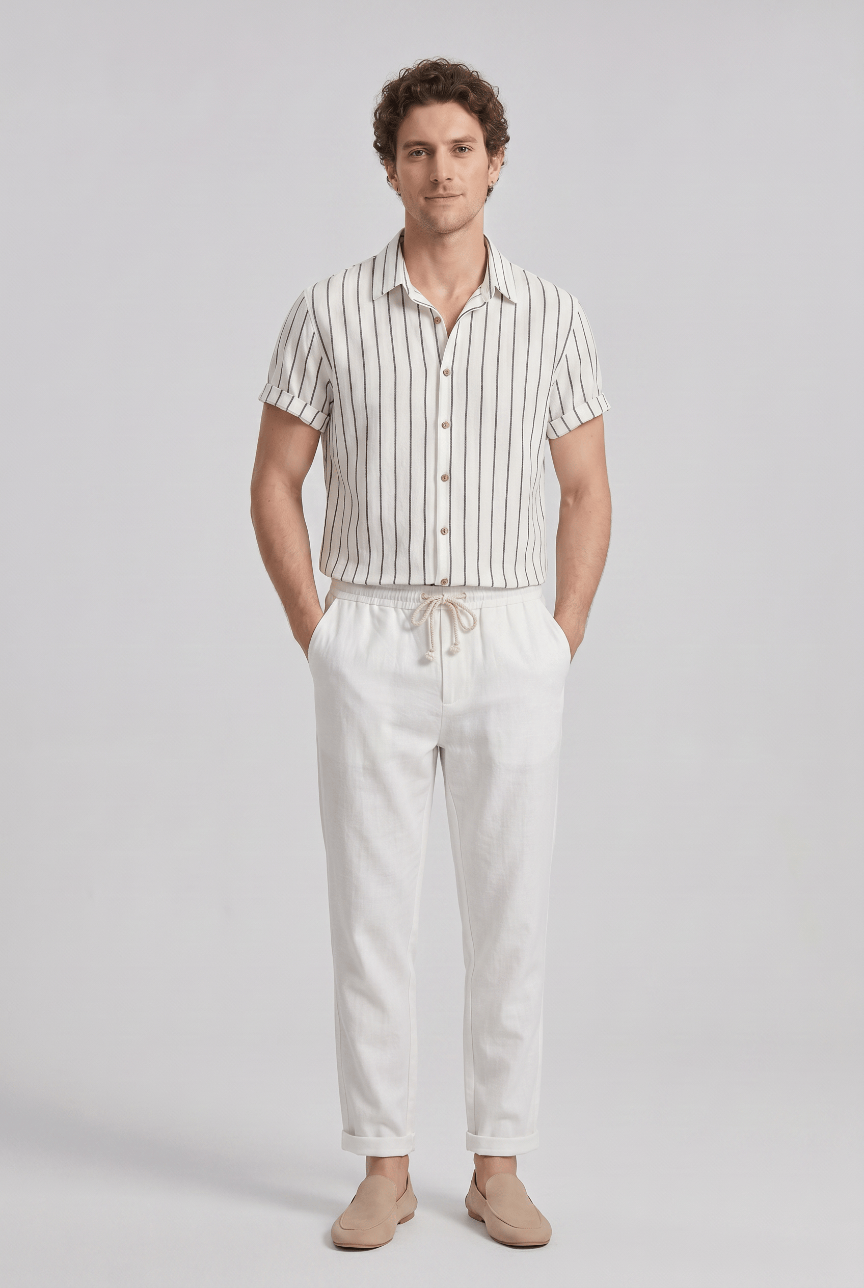 Men’s Collared Short Sleeves Casual Two Piece Summer Set | Vertical Stripe