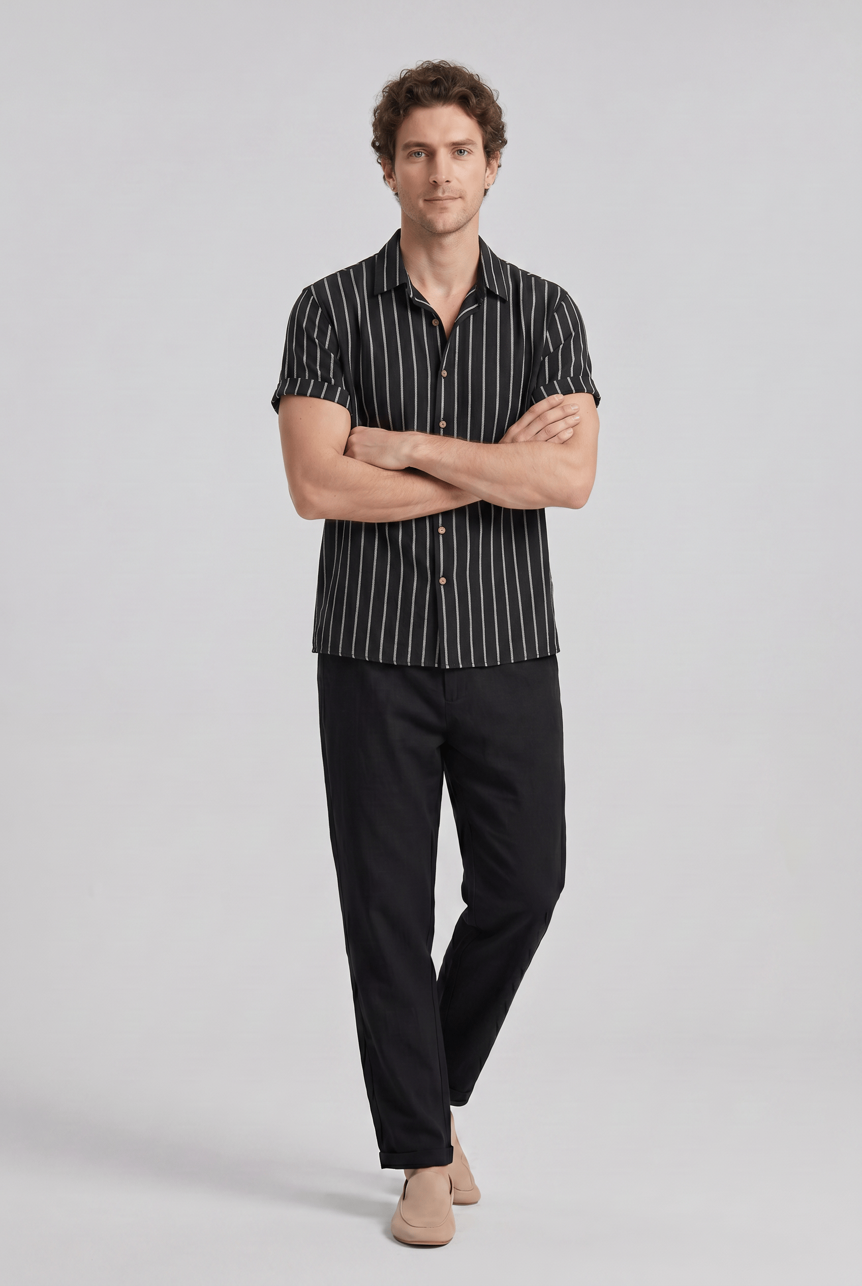 Men’s Collared Short Sleeves Casual Two Piece Summer Set | Vertical Stripe