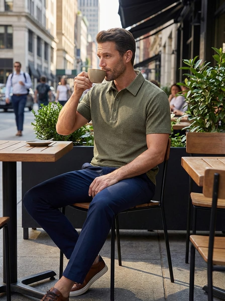 Men's Collared Short Sleeve Textured Slim Fit Polo Shirt | Two-Button Placket