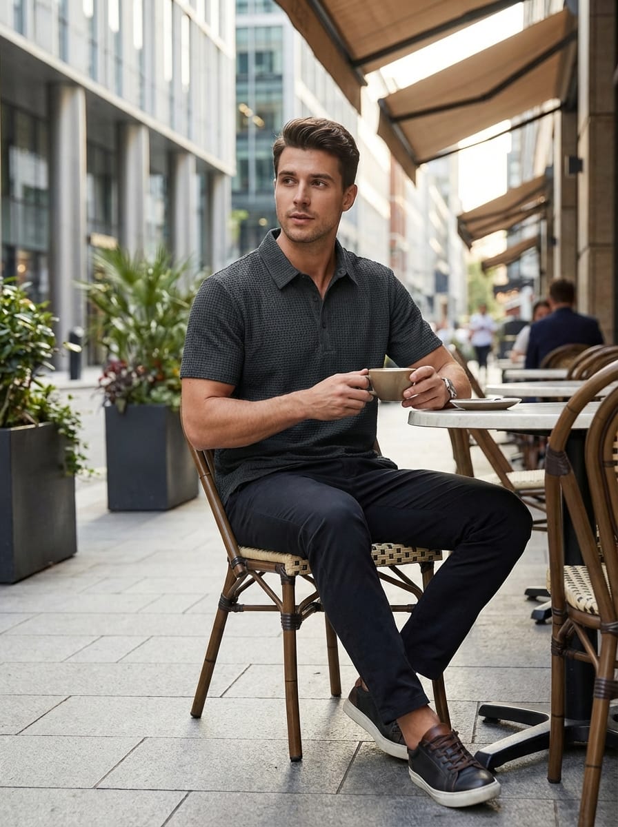Men's Collared Short Sleeve Textured Slim Fit Polo Shirt | Two-Button Placket