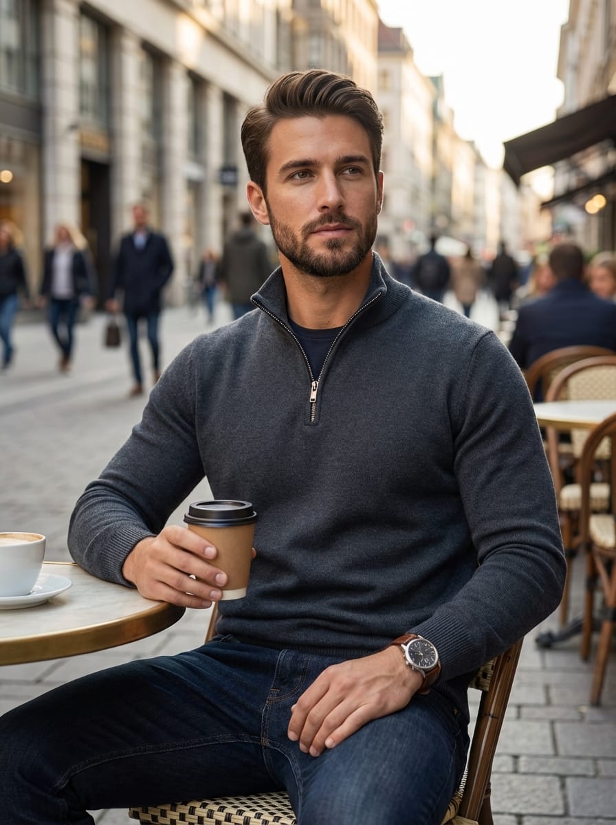 Men’s High Neck Long Sleeves Quarter Zip Ribbed Knit Sweater | Slim Fit