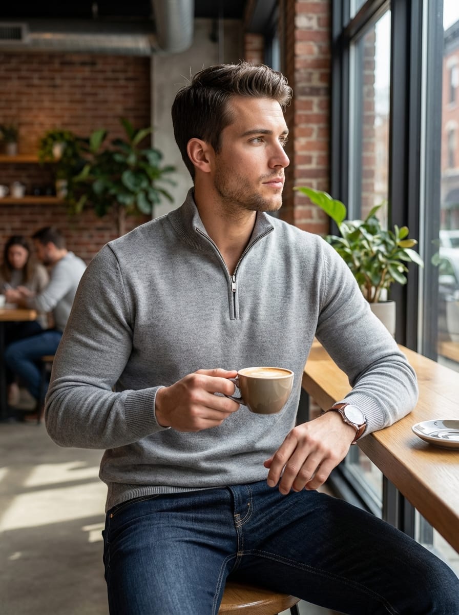 Men’s High Neck Long Sleeves Quarter Zip Ribbed Knit Sweater | Slim Fit