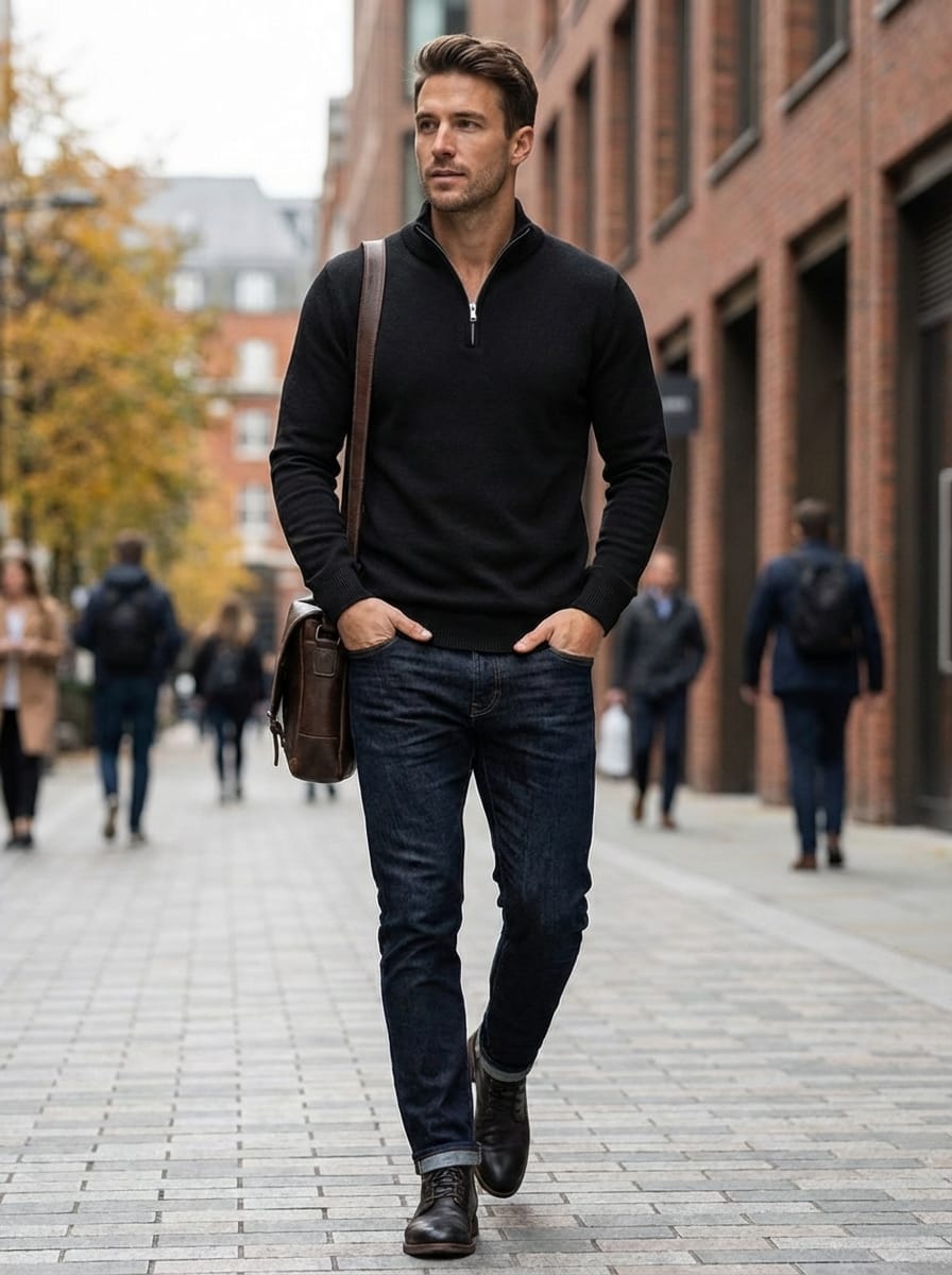Men’s High Neck Long Sleeves Quarter Zip Ribbed Knit Sweater | Slim Fit