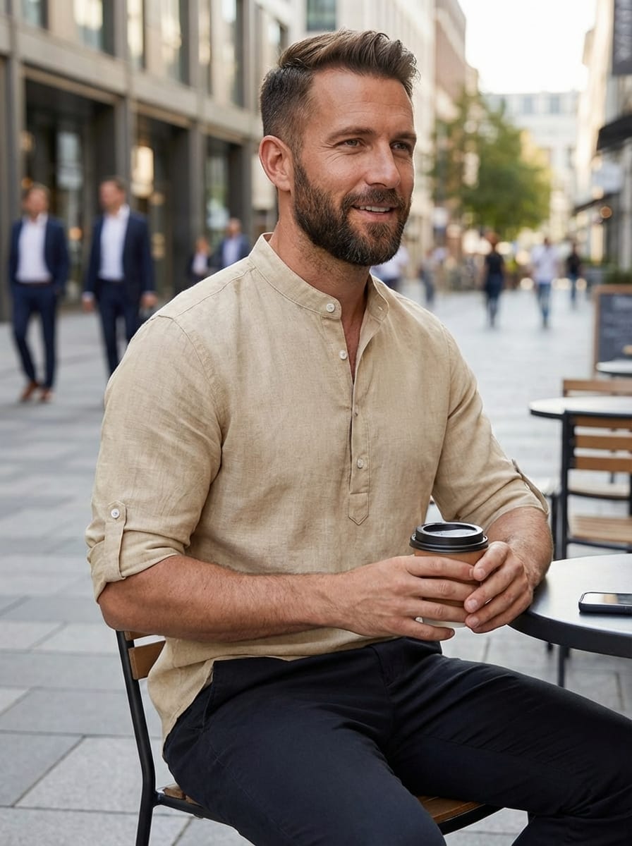 Men’s Mandarin Collar Rolled Sleeves Shirt | Casual