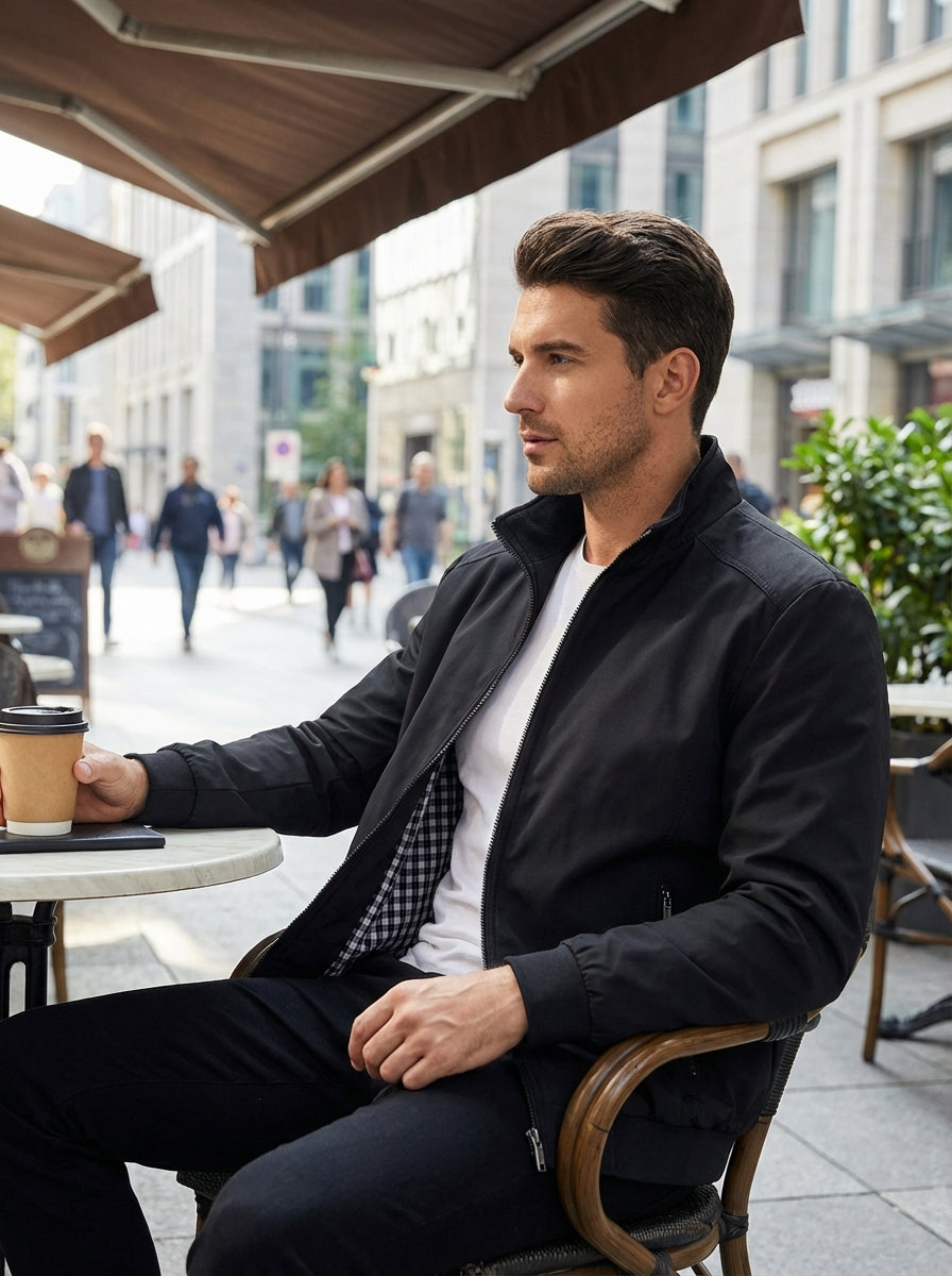 Men's Stand Collar Zipper Ribbed Cuff Jacket | Zip Pockets