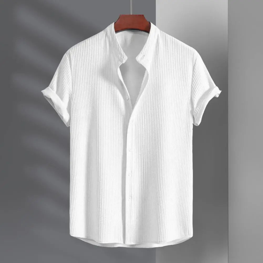 Men’s Short Sleeve Button Shirt | Textured Stand Collar
