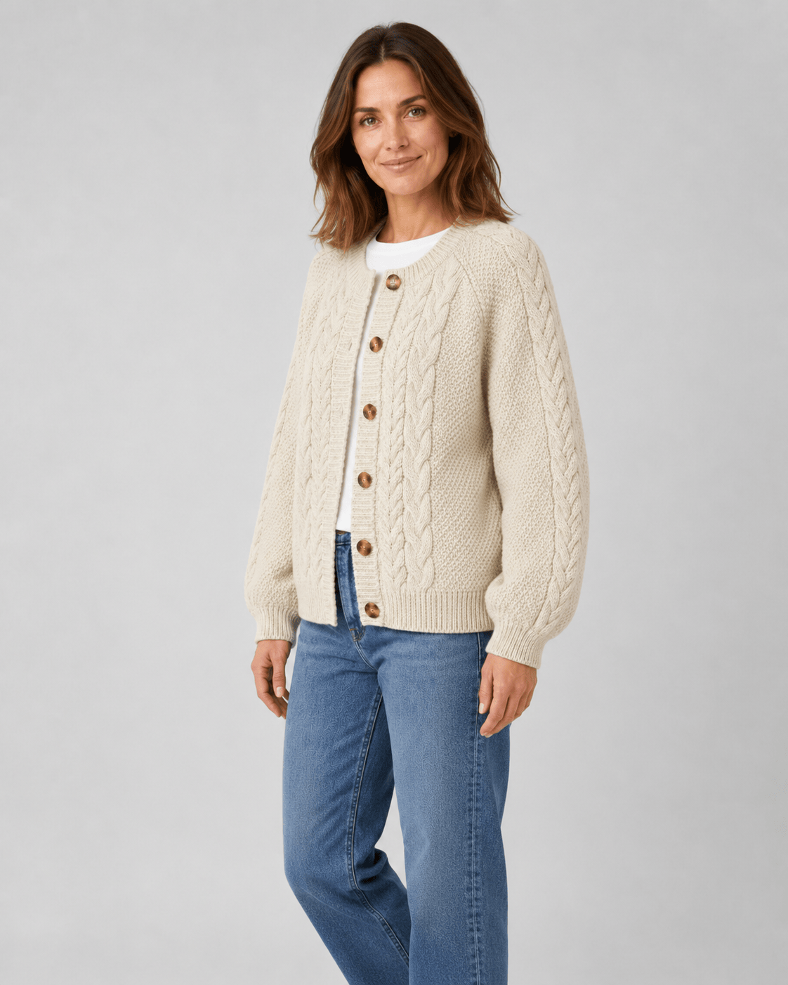 Womens Cable Knit Cardigan with Button Front, Ribbed Trims and Relaxed Sleeves