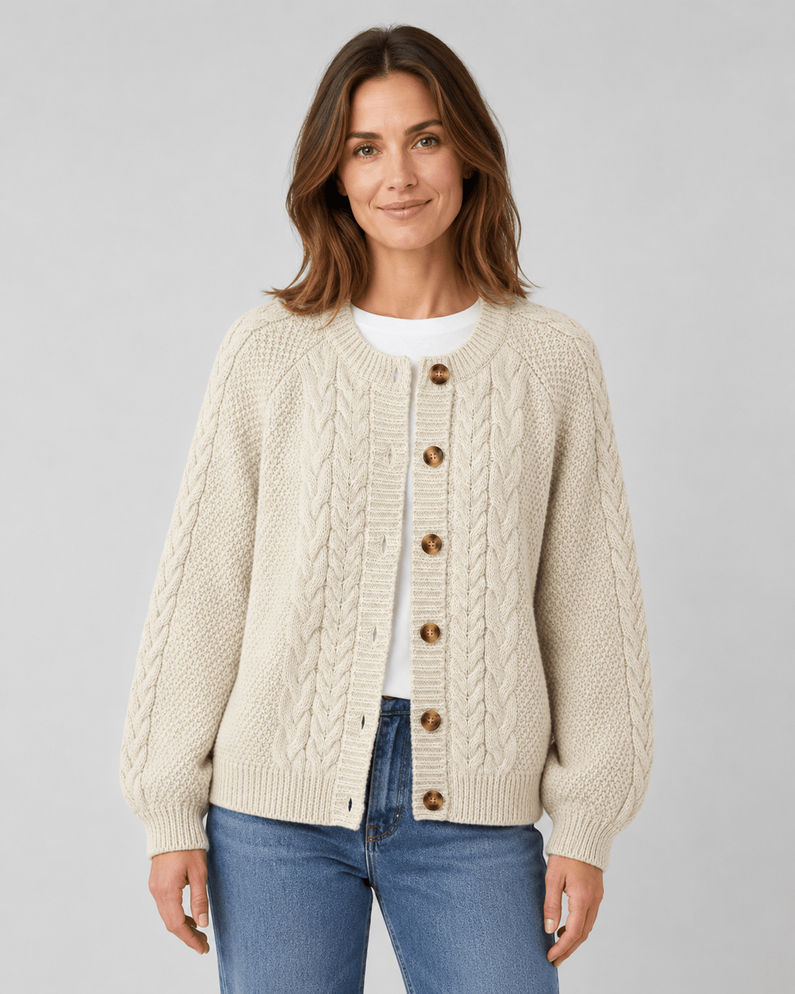 Womens Cable Knit Cardigan with Button Front, Ribbed Trims and Relaxed Sleeves