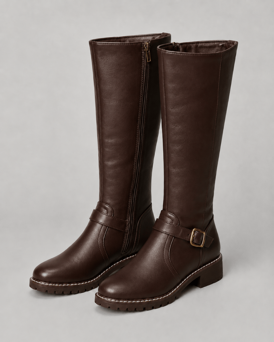 Women's Knee-High Buckle Boots UK with Side Zip and Low Block Heel