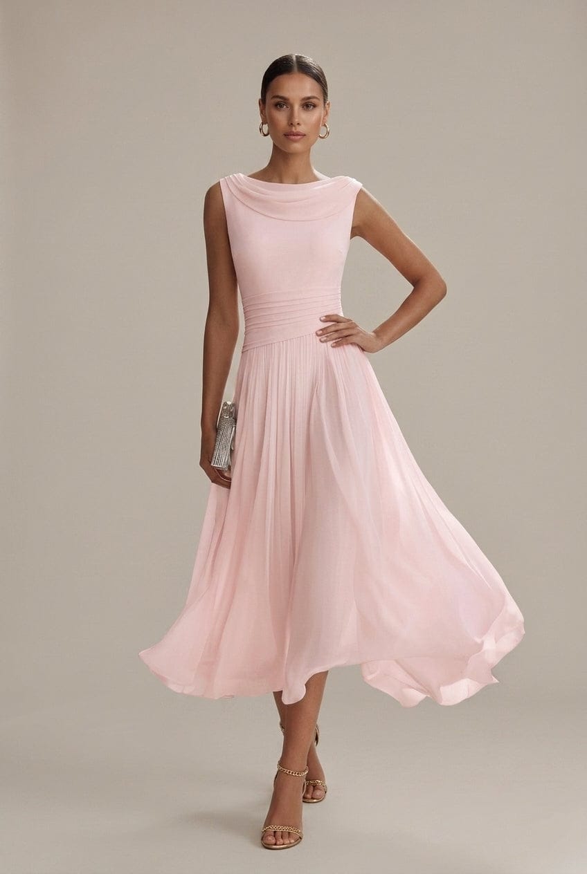 Women's Dress | Sleeveless Draped Neckline Pleated Midi