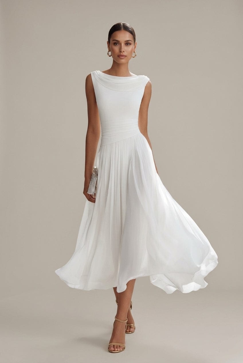 Women's Dress | Sleeveless Draped Neckline Pleated Midi