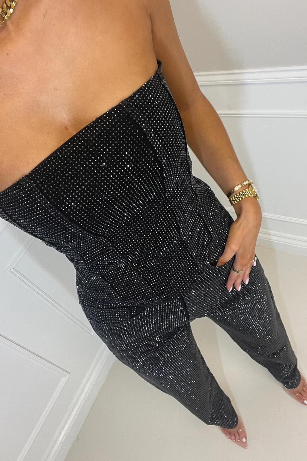 Women's Glitter Strapless Top & High-Waist Trousers Set | Two Piece