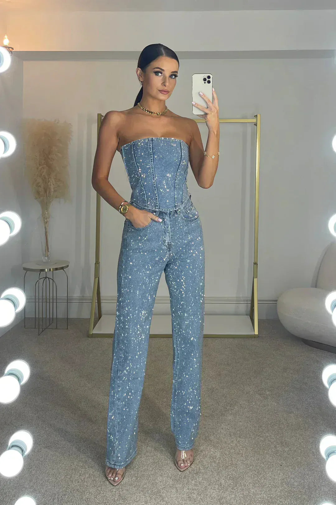 Women's Glitter Strapless Top & High-Waist Trousers Set | Two Piece