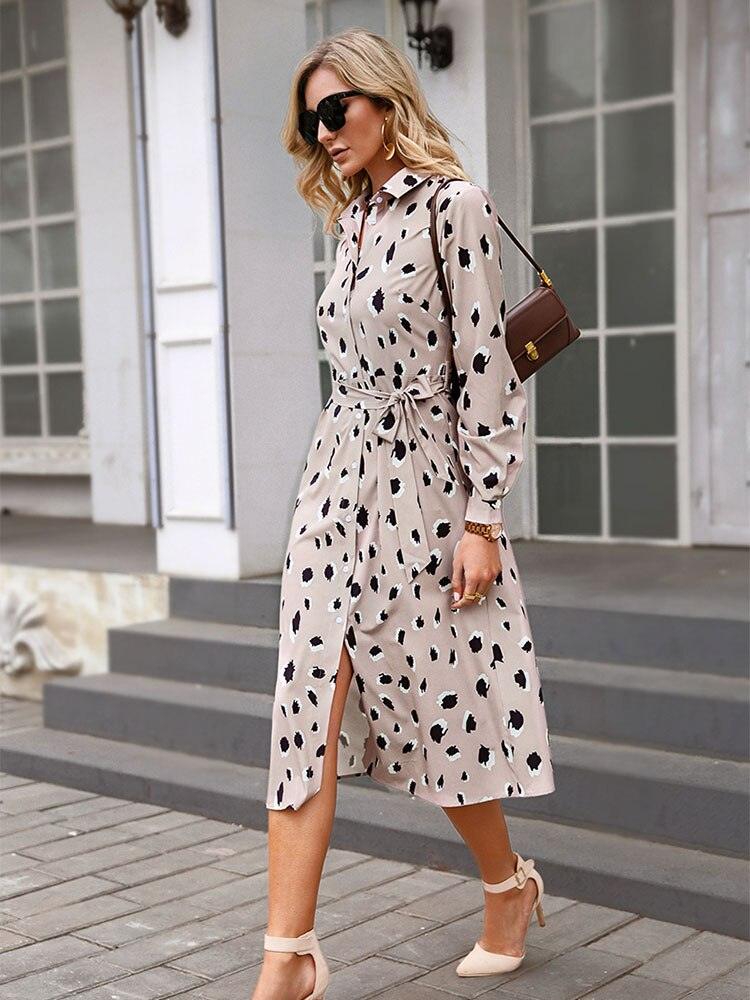 Women's Leopard Print Shirt Dress with Belt | Midi