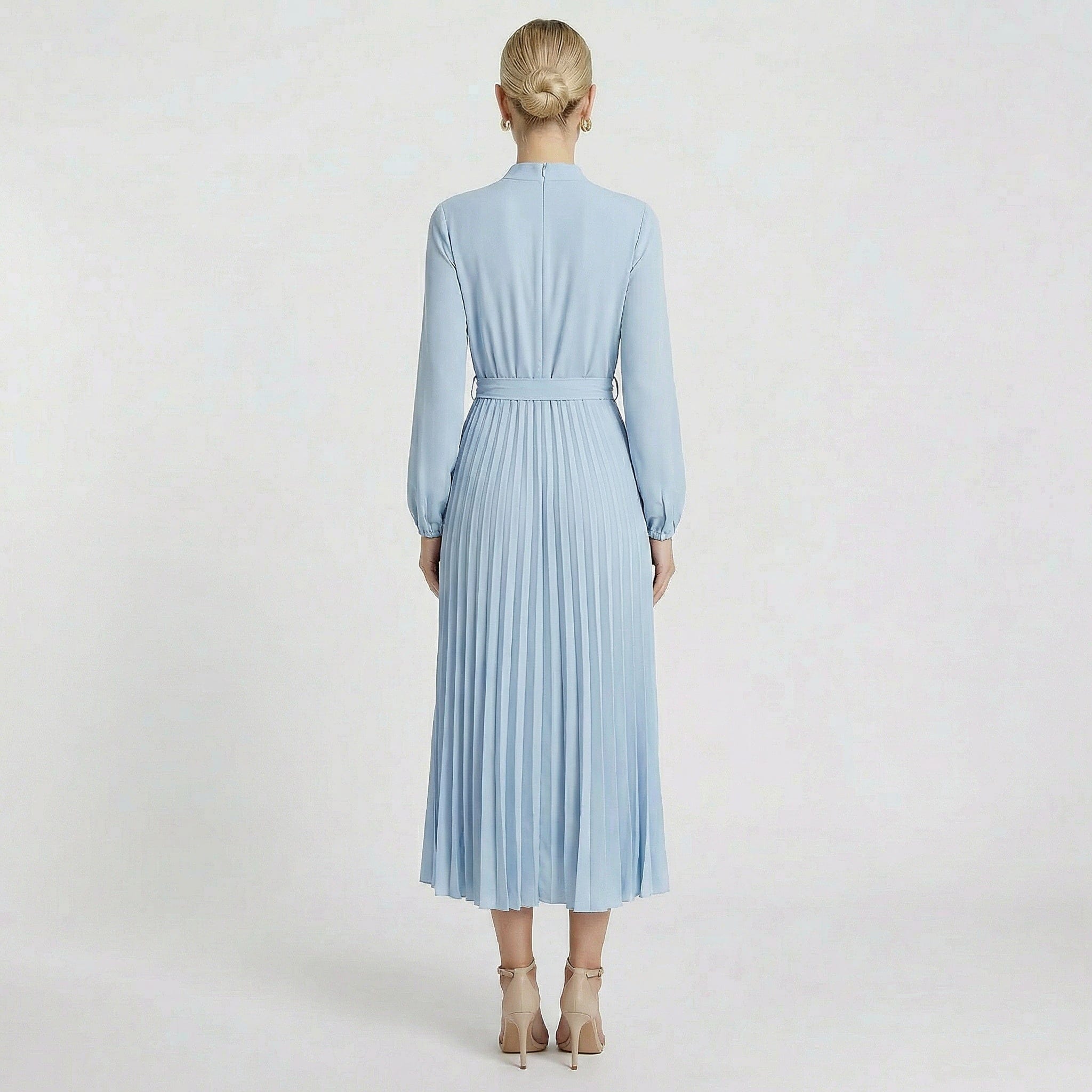 Women’s Long Sleeve Pleated Dress with Belt | Midi