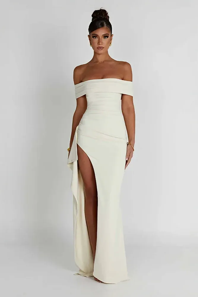 Women's Off Shoulder High Slit Fitted Graduation Dress | Maxi