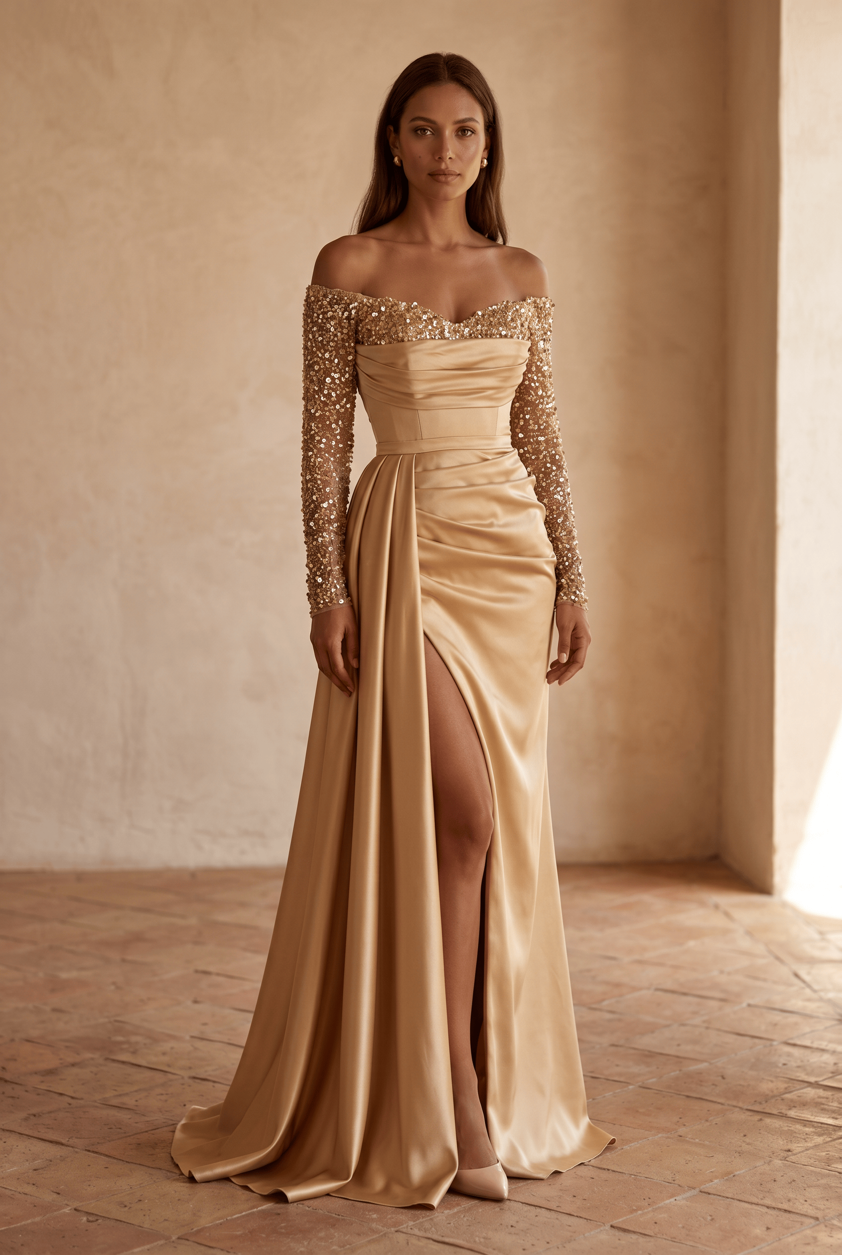 Women's Off Shoulder Sequin Sleeve High Slit Draped Wedding Guest Dress | Maxi