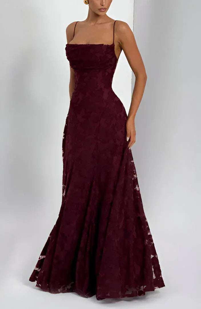 Women's Spaghetti Strap Textured Flared Wedding Guest Dress | Maxi