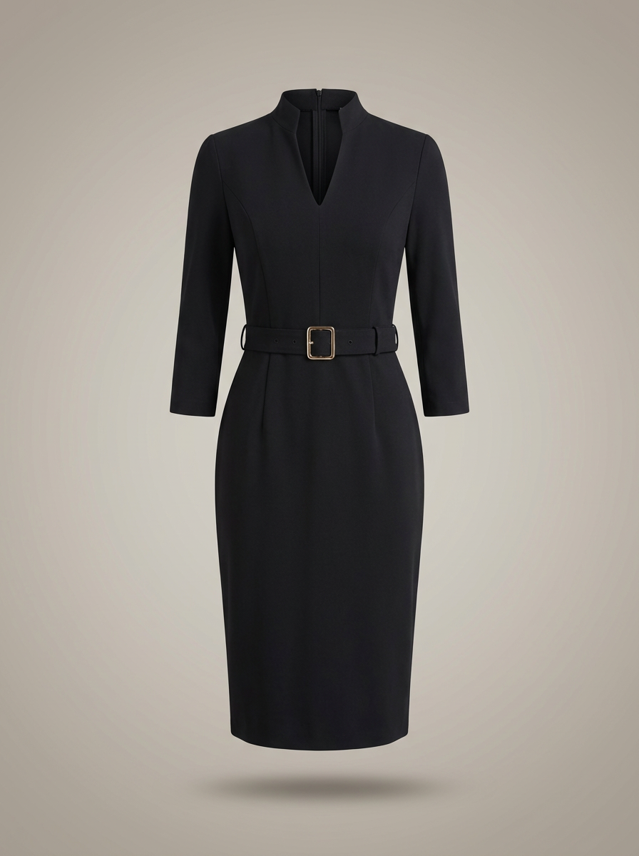 Women's Split Neck Belted Sheath Bodycon Dress | Midi