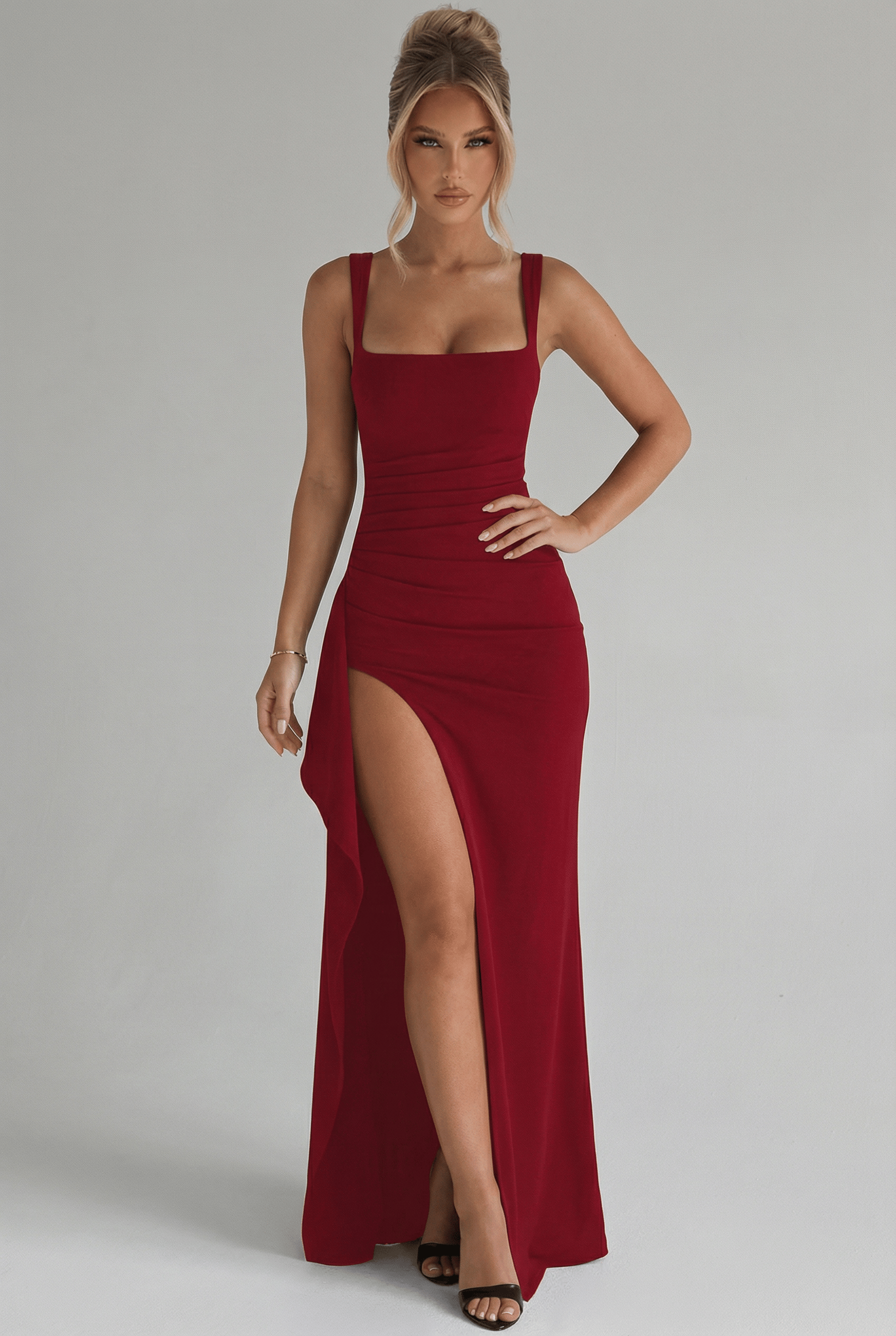 Women's Square Neck High Slit Fitted Graduation Dress | Maxi