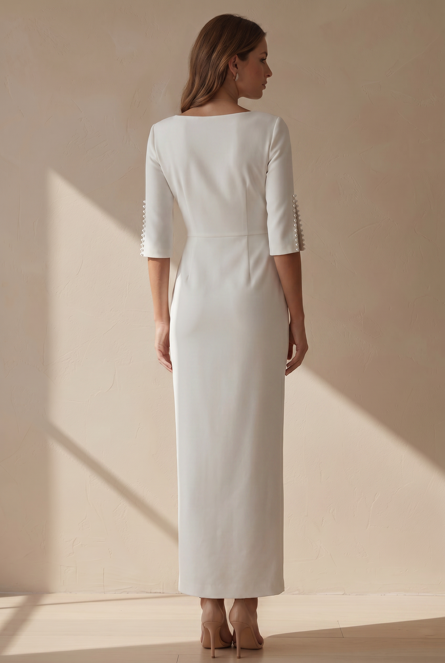 Women's Three Quarter Sleeve Pearl Detail Fitted Graduation Dress | Midi