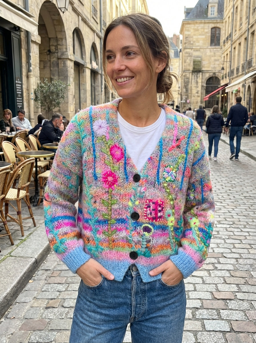 Women's V-Neck Floral Print Knit Cardigan | Button Up