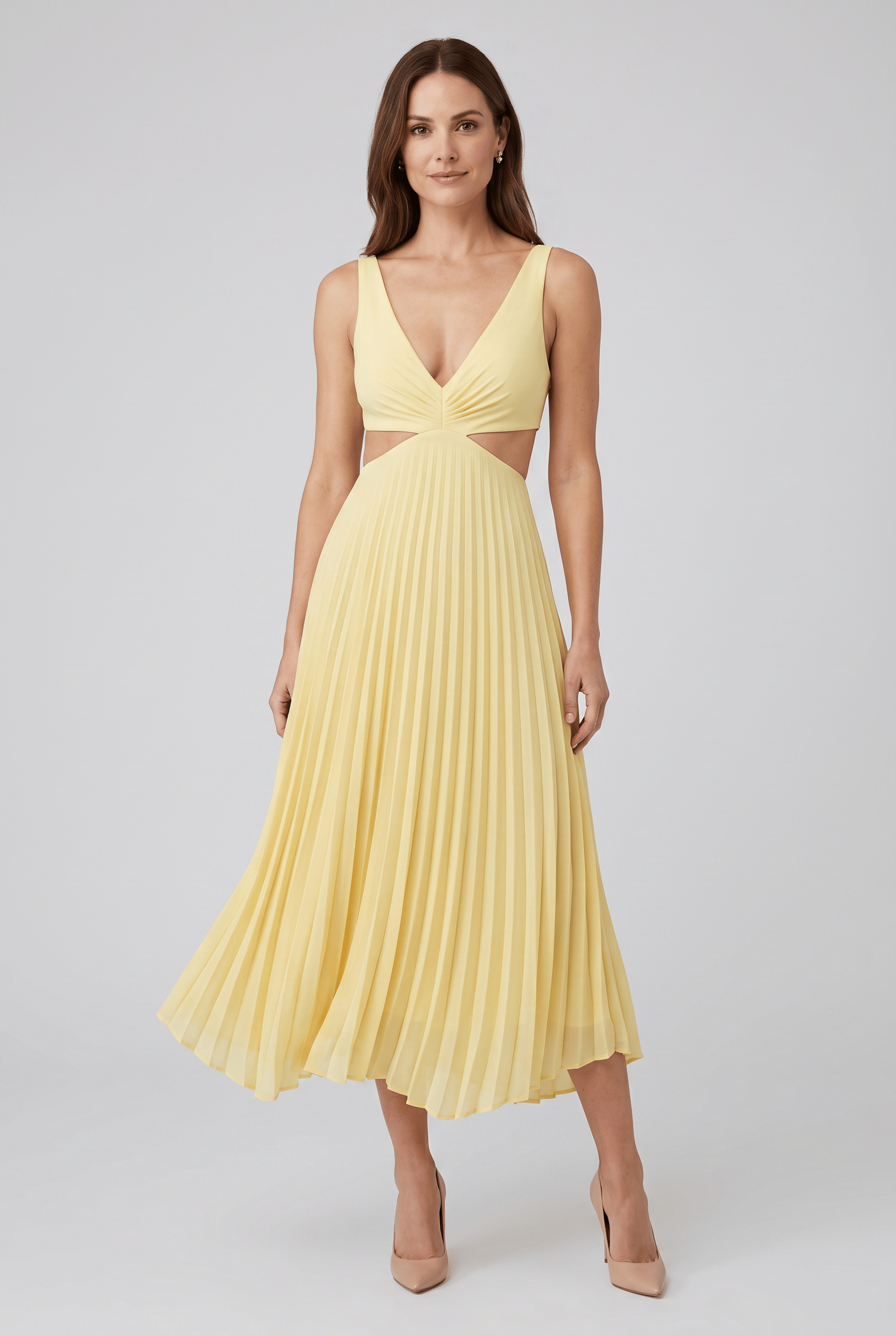 Women's V Neck Pleated Cutout Waist Graduation Dress | Midi