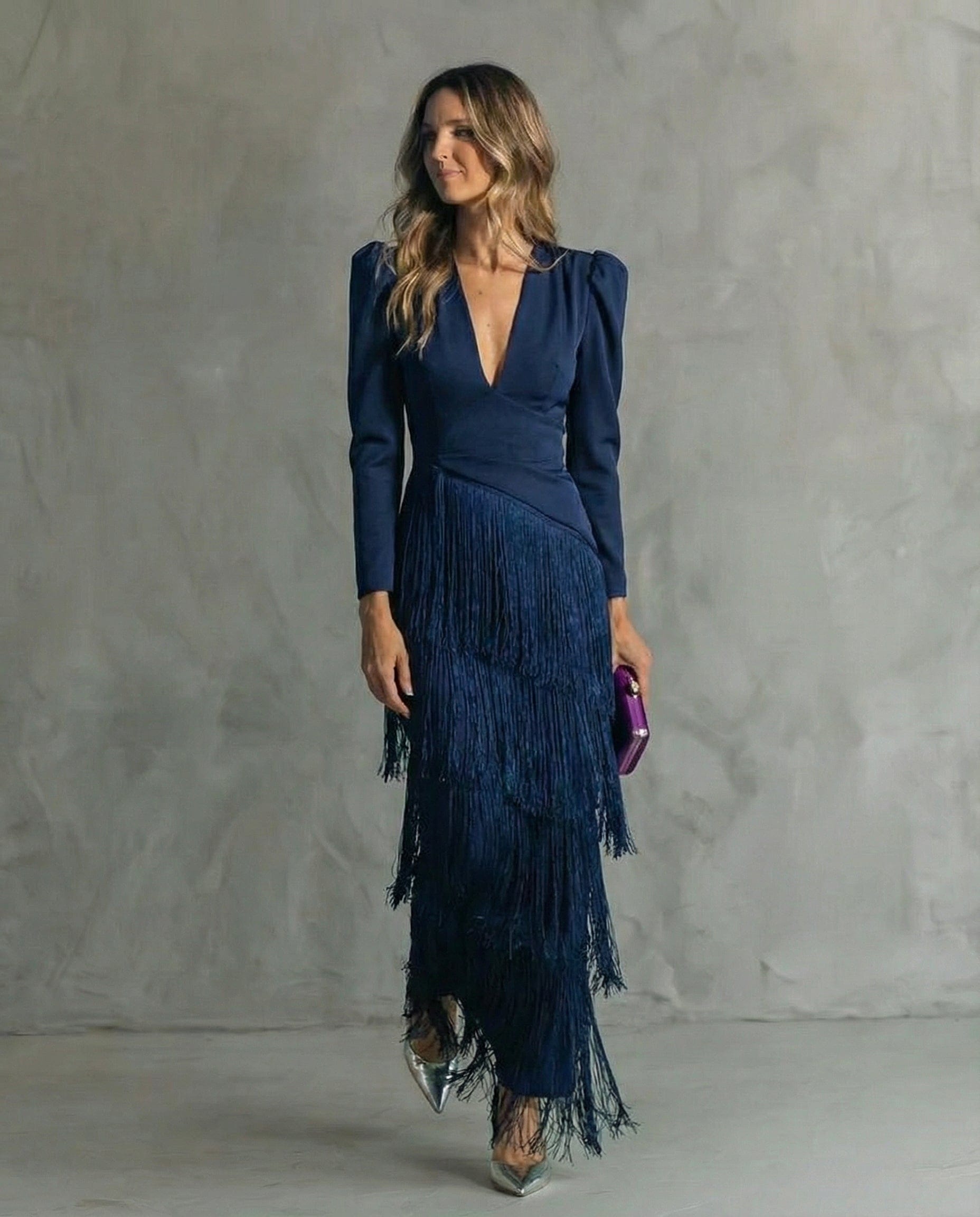 Women's V-neck Long Sleeve Dress with Fringe | Midi
