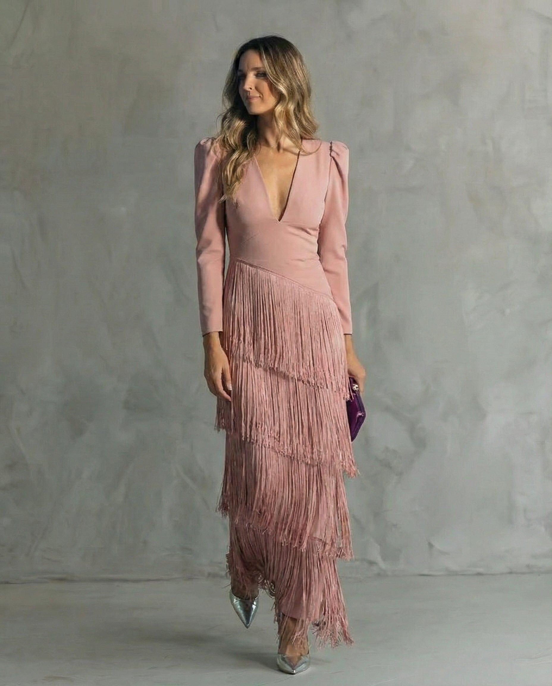 Women's V-neck Long Sleeve Dress with Fringe | Midi