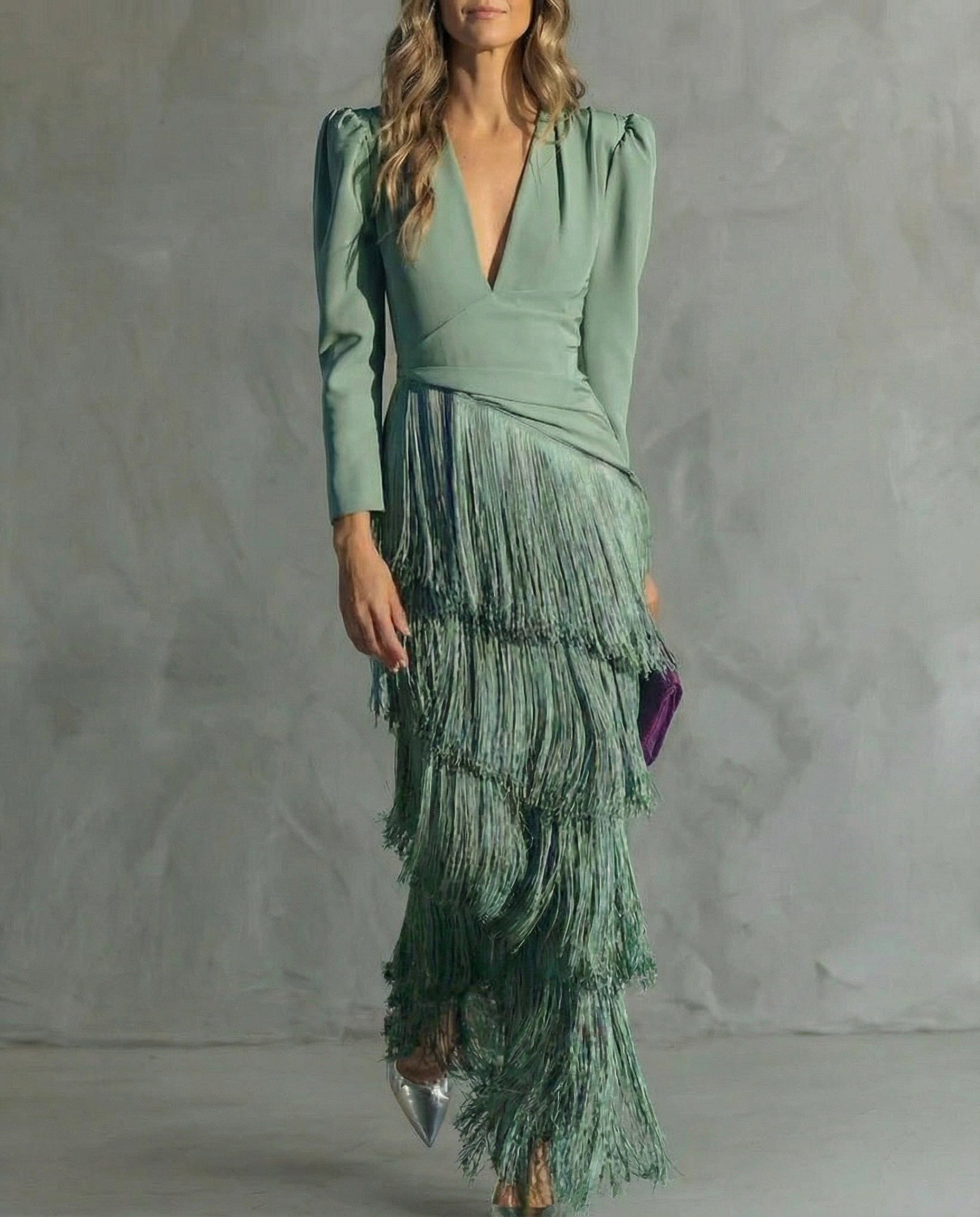 Women's V-neck Long Sleeve Dress with Fringe | Midi