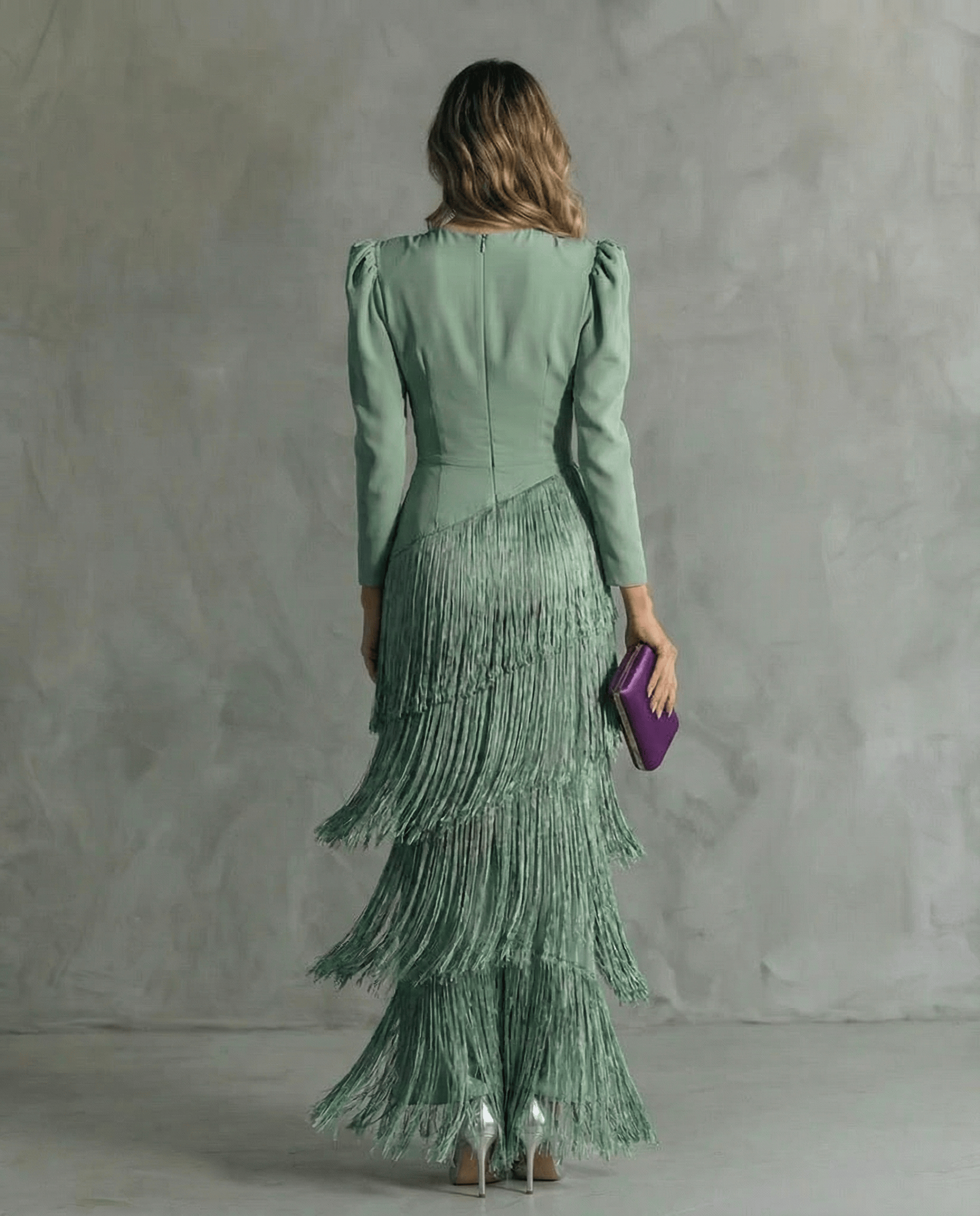 Women's V-neck Long Sleeve Dress with Fringe | Midi